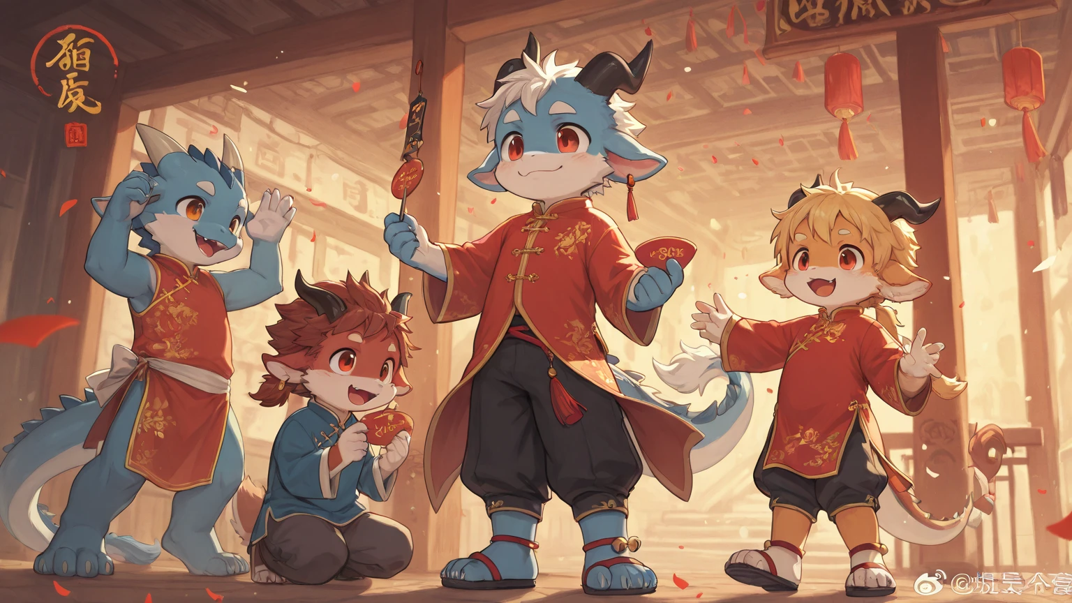 Fox Boy ,gray haired furry boy, Toddler,Hanfu, bamboo lanterns