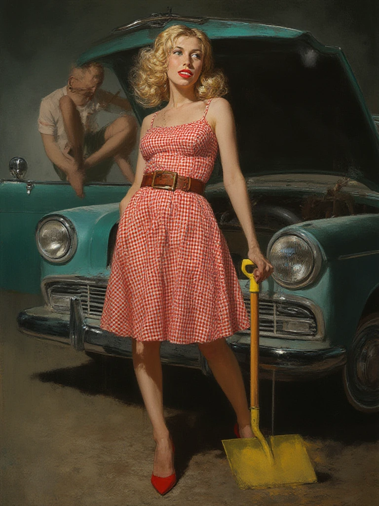 A watercolor pin up painting of a stunning beautiful girl, sitting on the bonnet of a vintage Hudson Hornet car . from the 1950s. ((1 girl , solo)), ((1 people)) long  hair and be dressed in a fitted red dress ,with white polka dots on her dress, , sunglass perched on her head. The overall mood of the image should be one of glamour, fun, and adventure. Masterpiece pin up art by Girl Elvgren.