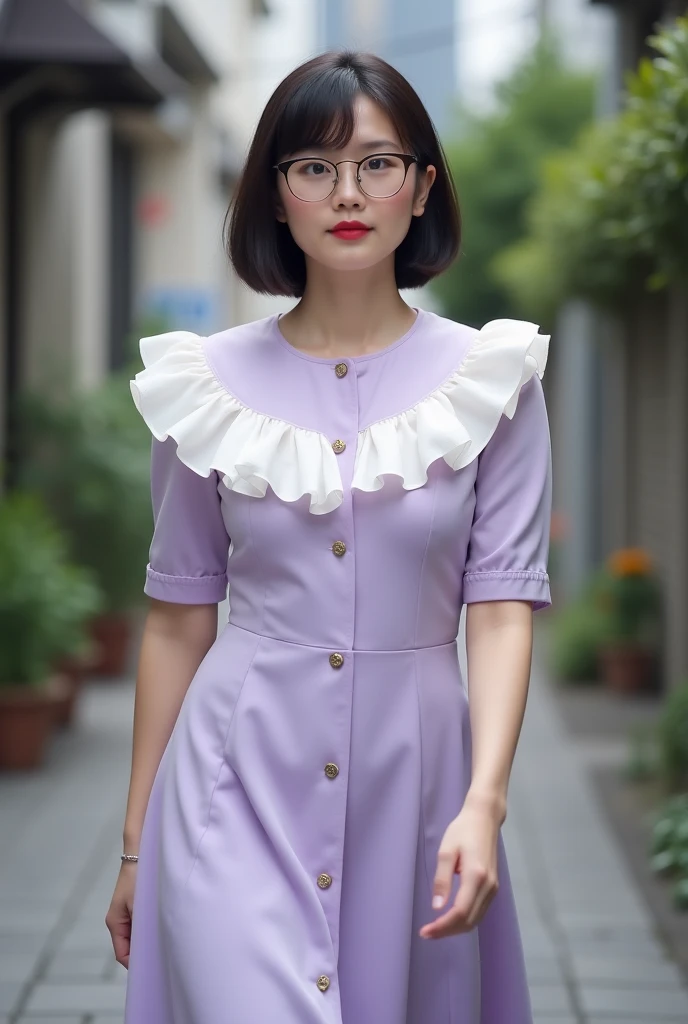 1 girl, alone, go to the river, orange hair, drill hair, glasses on head, orange eyes, jewelry, bow, white dress, purple jacket, meanwhile, earrings, have, Are standing, put your hand on your waist, looking at the viewer, closed one eye, grin, outdoors, city 