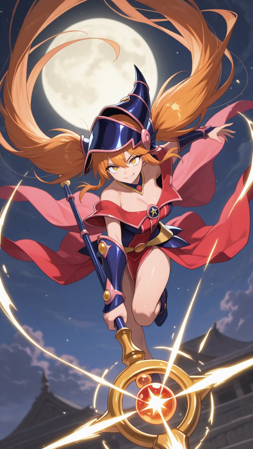 a cartoon of a woman dressed in a superhero costume holding a wand, witch academia, superhero sorceress witch, glamorous angewoman digimon, sky witch, by Aguri Uchida, maya ali as a lightning mage, leotard, blue leotard with white accents,  legs, blue thigh-highs, red high heels, (witch hat, red hair, long hair), blue eyes, ahoge, beautiful detailed eyes, beautiful detailed face, cute face, medium breasts, age 16-18, solo, solo focus, wonder, full body portrait, cowboy shot