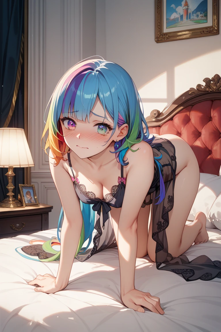 ,masterpiece,Highest quality,High resolution,Super detailed,Shiro \(no game No life\),Long Hair,Multicolored Hair,Hair between the eyes,Gradient Hair,Yellow Eyes,Flat Chest,Love Hotel at Night,bedroom,Embarrassed,blush,,Lying down,Leg spread,Open your mouth、Stick your tongue out,Roll your eyes、squint,,,One middle-aged man,