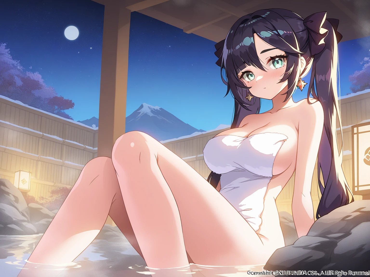 (Masterpiece, highest quality, in 8K, 32K, masterpiece, hehehe, super A high resolution, impressionist, photorealistic: 1.2), ((one girl)),(A glamorous smile), ((completely )),(()),(smooth skin),(cowboy shot, detailed face and eyes, ((droopy eyes)), (very young face),beautiful face, blur background, glowing skin,((slightly large breasts)),( ),((clear  line)) ,realistic student, beautiful face, blurred background, 18 year old beautiful girl, glowing skin, white scrunchie, side ponytail, black and beautiful hair, thighs thighs thighs, curves, sexy pose,, , ( thighs), (Soft body), (Slightly big butt), , 20 Beautiful woman, very blushing, (black hair with a slight hint of brown), (side ponytail), dark brown eyes,  , dark colored ,, , , , skin very wet with sweat,  feet, , sweat, collarbone, ,  , (Completely ),  very blushing, , dark colored ,, , , , skin very wet with sweat,  feet,  expression, Very embarrassed look, night,moon light,Open-air bath,sitting