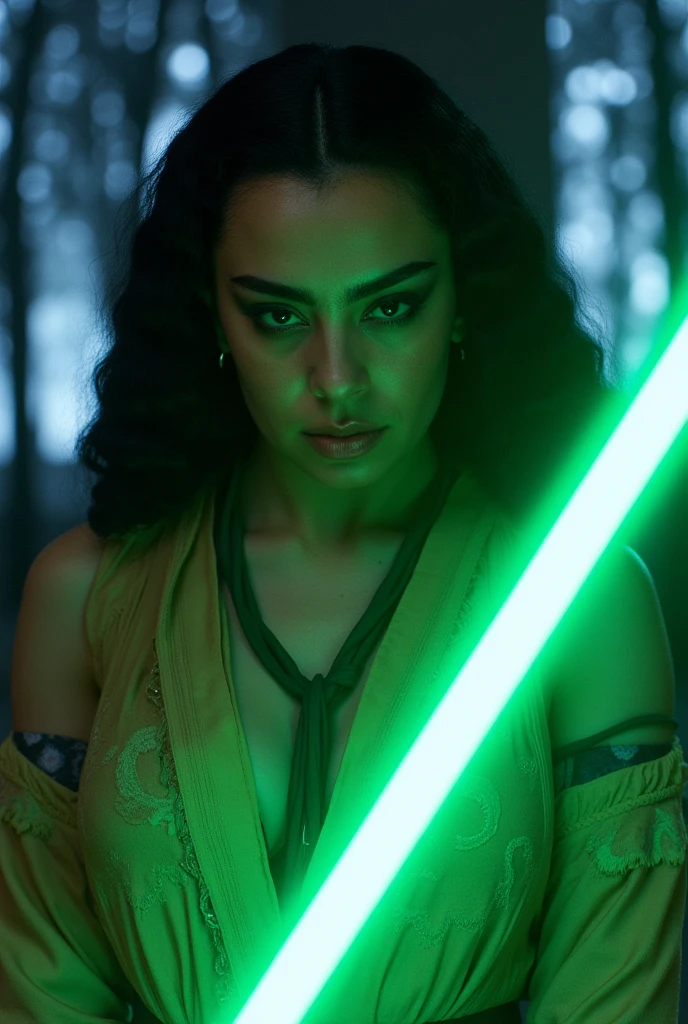 a beautiful woman in a dark sith cloak, long dark hair, detailed face with piercing eyes, beautiful detailed lips, extremely detailed eyes and face, longeyelashes, holding a glowing purple lightsaber, back facing the viewer, sith tattoos on her back, dark sith forest background on Dathomur, dramatic lighting, cinematic composition, highly detailed, 8k, photorealistic, dark fantasy, moody, dramatic