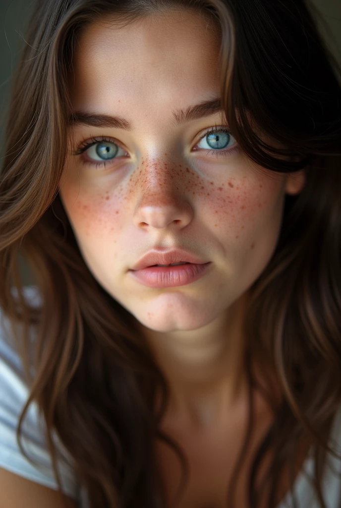 (best quality, hyperdetailed photography:1.2), beautiful lady, freckles, dark makeup, soft light, pink lips, blue eyes, snoopy ,massive ,head and  portrait, cover, (detailed beautiful face, detail skin texture, ultra-detailed body:1.1)  vampire girl,,,  , realistic skin texture extreme details, 1 woman, 8k, photorealistic, (close-up, editorial photograph of a 1 woman), (highly detailed face:1.4) (smile:0.7) (background inside white, moody, private study:1.3) POV, by lee jeffries, nikon d850, film stock photograph ,4 kodak portra 400 ,camera f1.6 lens ,rich colors, hyper realistic ,lifelike texture, natural lighting , cinestill 800, natural makeup , too white skin, ultra realistic 8k cg, (dark background, delicate pattern, intricate detail, highly detailed, fine details), best quality, (photorealistic:1.4),beautiful lighting, absurdres, RAW photo, film grain, ((, slim girl, close-up, portrait))
