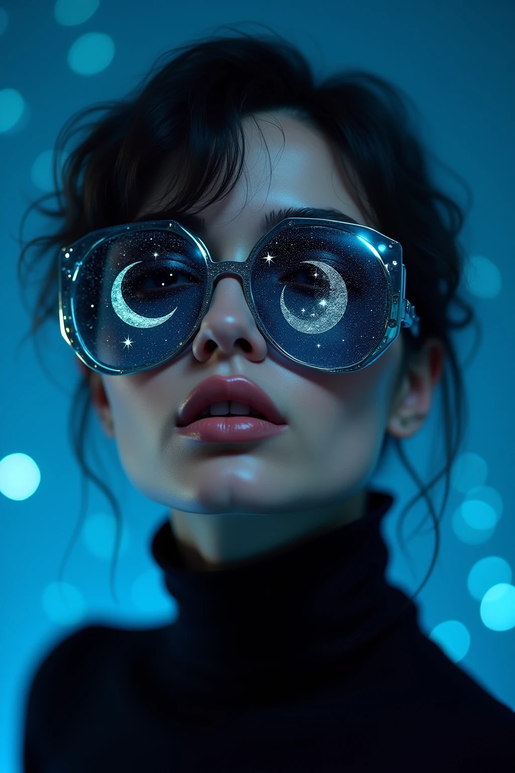 The models are wearing glass sunglasses with stars and the moon on the glass. man and women