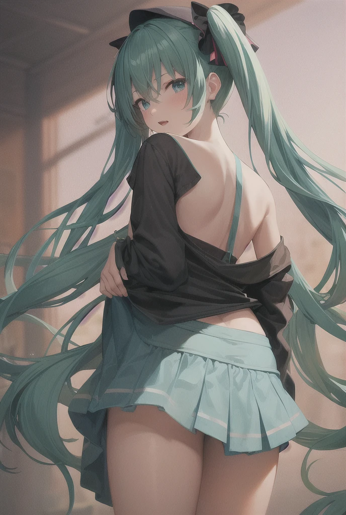miku hatsune、top-quality、one girls、Cute Dresses、Standing、(Black sexy  figure)、、Your butt is facing us、Looking at the back of the screen