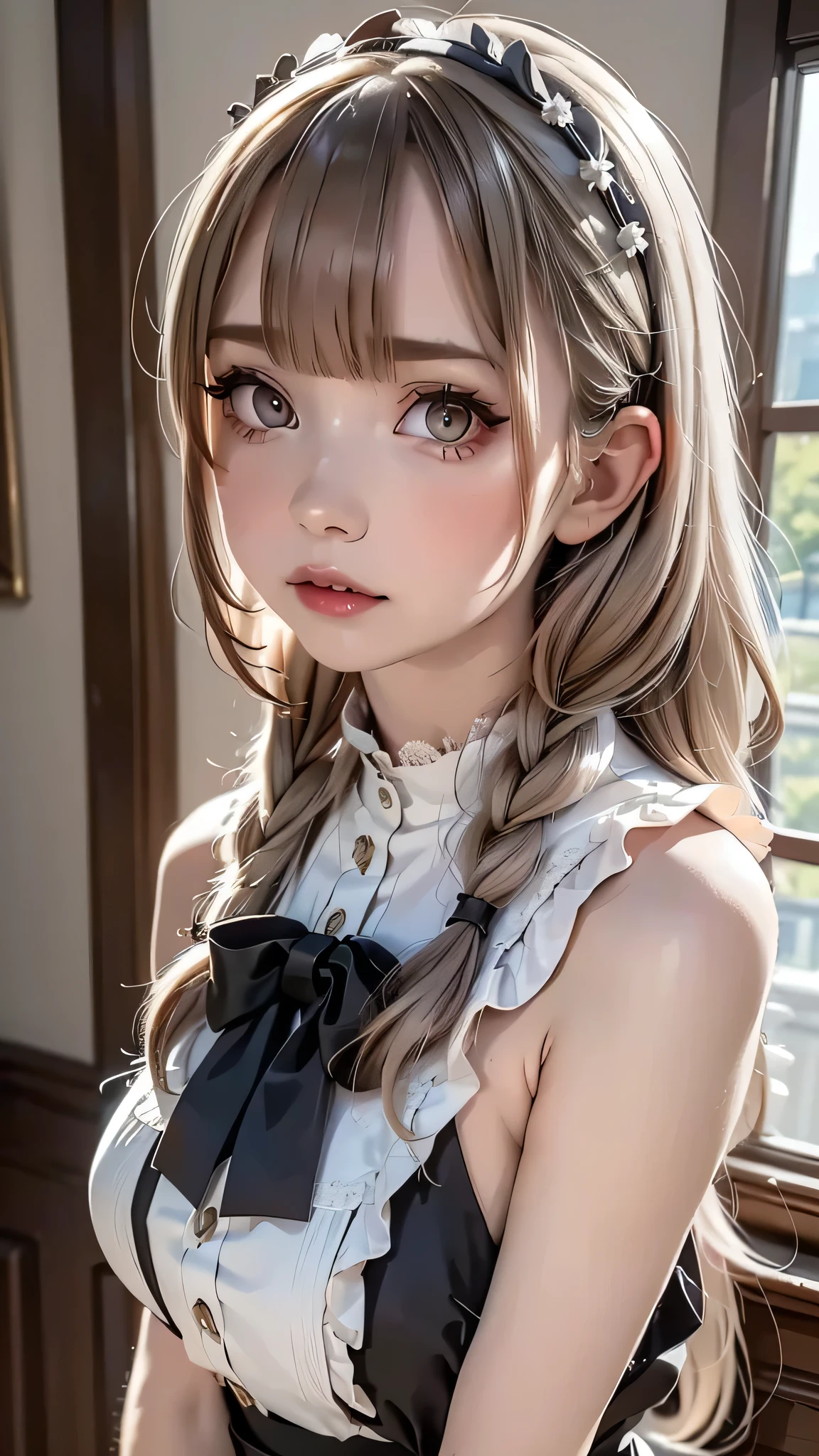 , 8k, High-level, absurd, masterpiece, best quality, primitive, very detailed CG, very detailed wallpaper, perfect lighting, Extremely detailed (((The personifying " Peko-chan Fujiya " as a Little Girl))), MysticSight, Tyndall effect, Tyndall scattering, Studio gray background with (many Dazzling RainbowColor particles BokeH:1.28), (RoundlyButts, ThighGap), (:0.4), ( with looking ahead), BREAK (NOGIZAKA face variations) Extremely Detailed very KAWAII face variations, perfect , Childish, captivating gaze, elaborate detailed Eyes with (sparkling highlights:1.28), long eyelashes、Glossy RED Lips with beautiful details, Coquettish tongue, Rosy cheeks, Radiant PearlSkin with clear transparency . { (Dynamic LifeLike expressions:1.4) | :d) }, (large eyes:-1) .