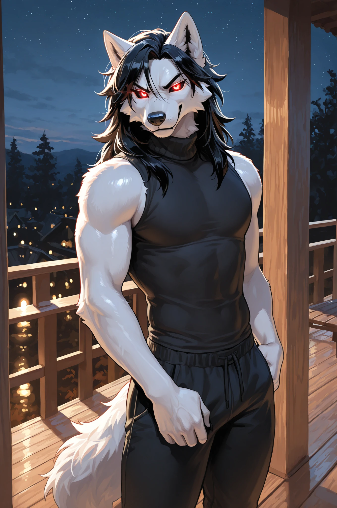 embedding:black wolf, male,purple eyes,Scar on the face, scar on the body,Single person,The fur on the chest and abdomen is white,fundoshi,Sitting by the hot spring.Wet body,High quality background,The highest quality of scene detail,adult,Tall and powerful,muscle，Best quality hands, best quality eye，detailed fur，Delicate eyes.Extreme picture quality，by sollyz,by zixiong,by milkytiger1145