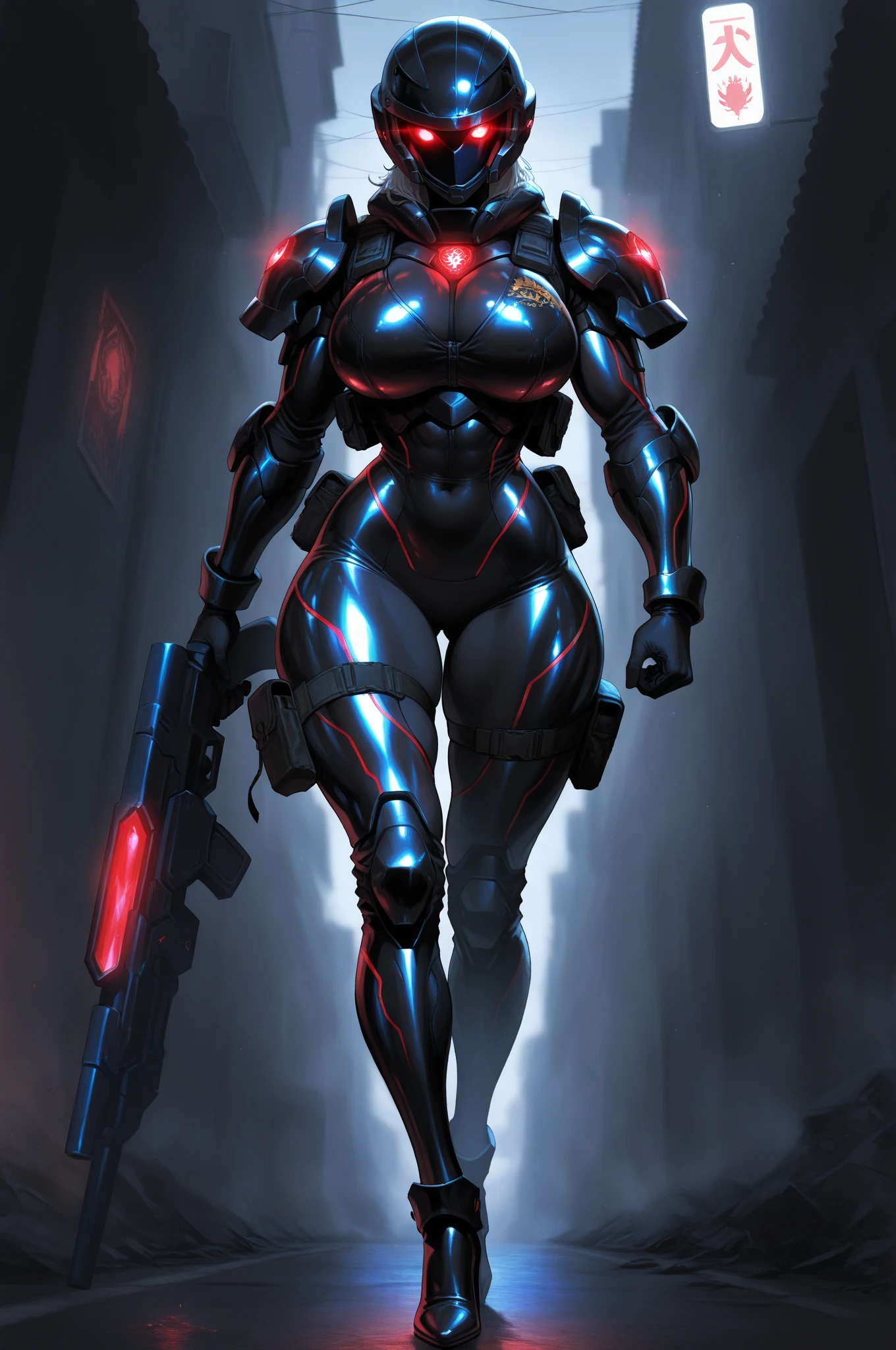 Beautiful cybernetic girl detailed muscles realistic masterpieces full figure pose (best quality,ultra-detailed), white hair in high ponytail, fair skin, fit body, slim figure, narrow waist, large buttocks, (cocky expression), wearing a full black carbon fiber cybernetic mobile battle suit, fighting pose