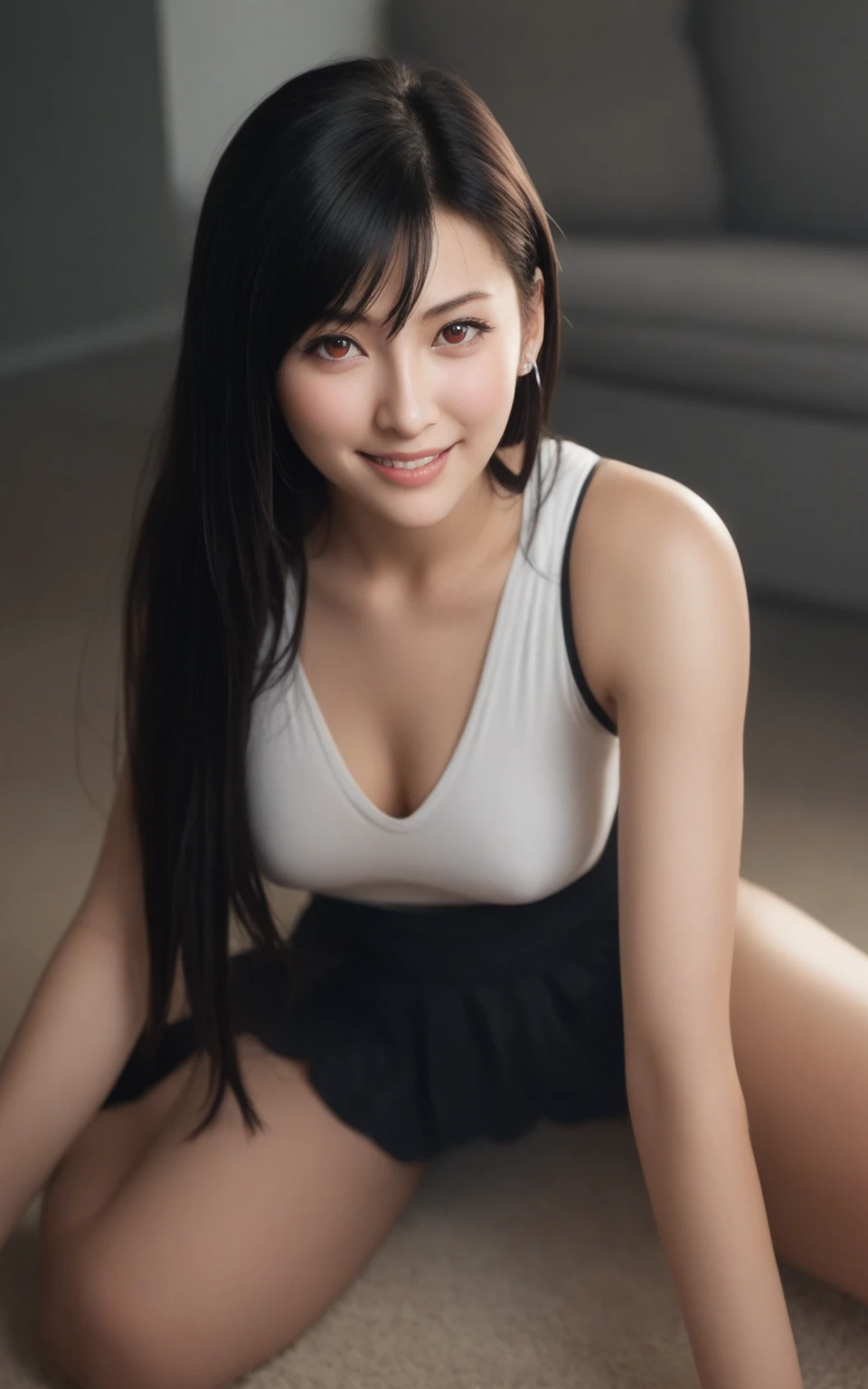 highest quality, masterpiece, Ultra-high resolution, realistic:1.3, solo:1.3, ((Clear Face)), cowboy shot, from front, leaning forward, (glowing skin), (looking at camera:1.3), (white tank top, black leather leggings), standing at dance hole, (medium busts:1.3), long hair, smile, soft brightness