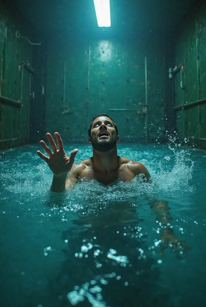 the man is drowning under the water and screaming. The camera shows the man's face under the water