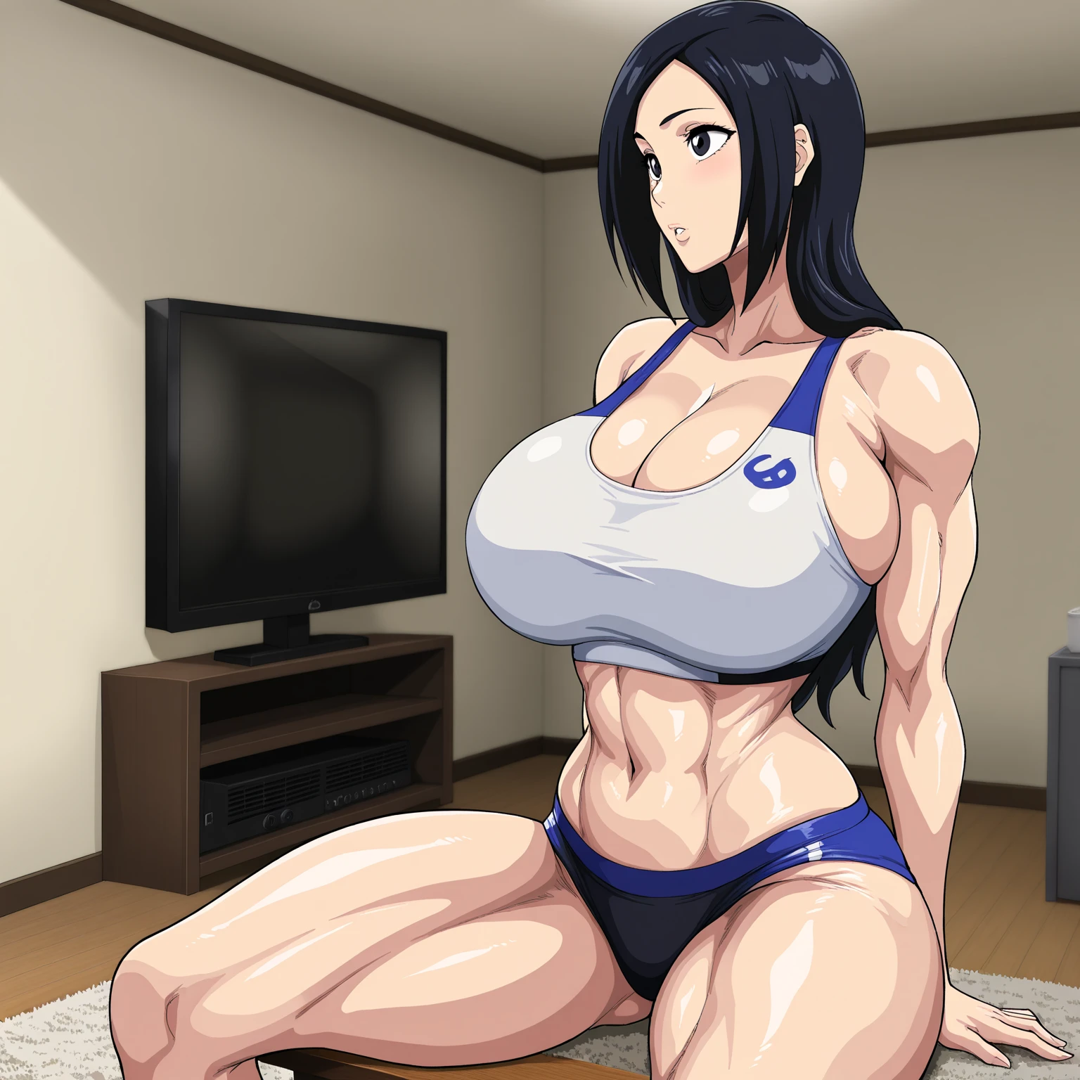 score_9, score_8_up, score_7_up, BREAK,  1girl, solo, ???????,  fh1to, blue ?????,  fit body, chiseled abdomen, ((???? pose)), teasing, superb and dominant, slender, (((????? ???????))), standing tall, (((full figure view))), relaxed, posing, ?????????, elegant, skilled, bedroom, six pack, thin, jacked, trained arms, smug, self confident, trained legs, defined muscles, bedroom, flexing