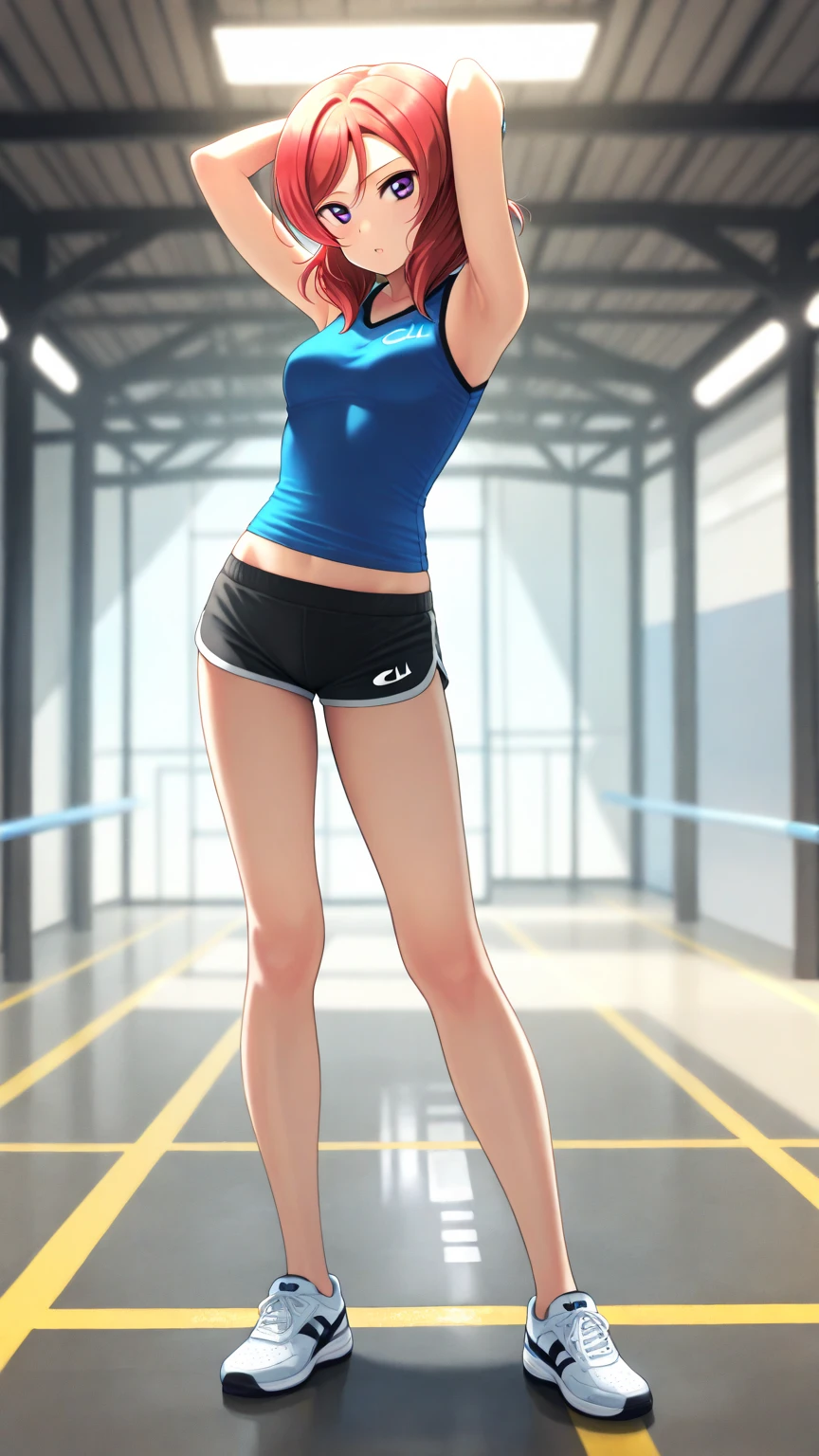 , very detailed, 8k, blonde hair, 1 woman 30 years old, bubble top, short top, gym shorts, choker