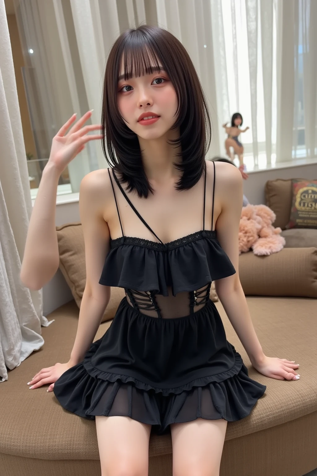 ((best qualityer)), ((work of art)), (detailded),cute japanese,((1 girl,alone)),18 years old, ((porcelain cut white skin)),((black eyes)),(black long wavy hair,with bangs),((flushed skin)),,(Alone),(best quality: 1.4), (photorealistic: 1.4), 8k Absurd, ultra detailed, cinematic lighting, Detailed Beautiful Face,semi-blurred background, loose wavy hair, dress, black cat ears, looking at camera,happy smile,teeth showing,((full body)),