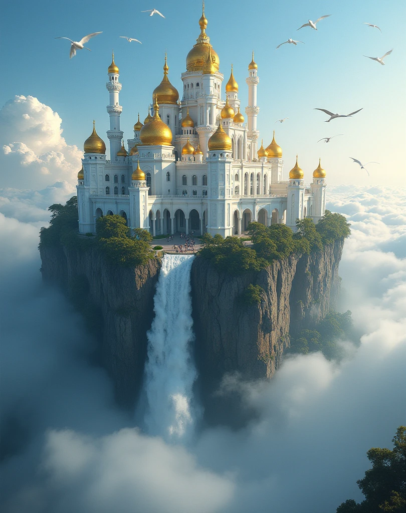 A majestic fantasy castle suspended above the clouds，A huge waterfall cascades down from a gap in the rock at the bottom of the castle，and fell into the endless abyss below。The castle consists of white marble and gold domes，The morning sun penetrated through the clouds，and coated the entire building with a sacred layer of Phnom Penh，Hordes of flying dragons circled between the minarets。