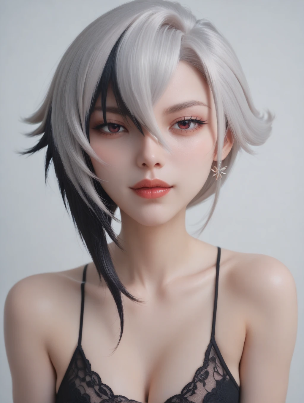 (close up:1.4), (RAW Shooting:1.2), (Reality:1.4), (masterpiece:1.3), (Highest quality:1.4), (bikini：1.3), White knee socks, swimsuit, flat chest, White hair, Black Hair, Colorful Hair, short hair, Straight Hair, White hair long braid, Glowing red eyes, Red X pupil, (focus, full-body shot, Smile