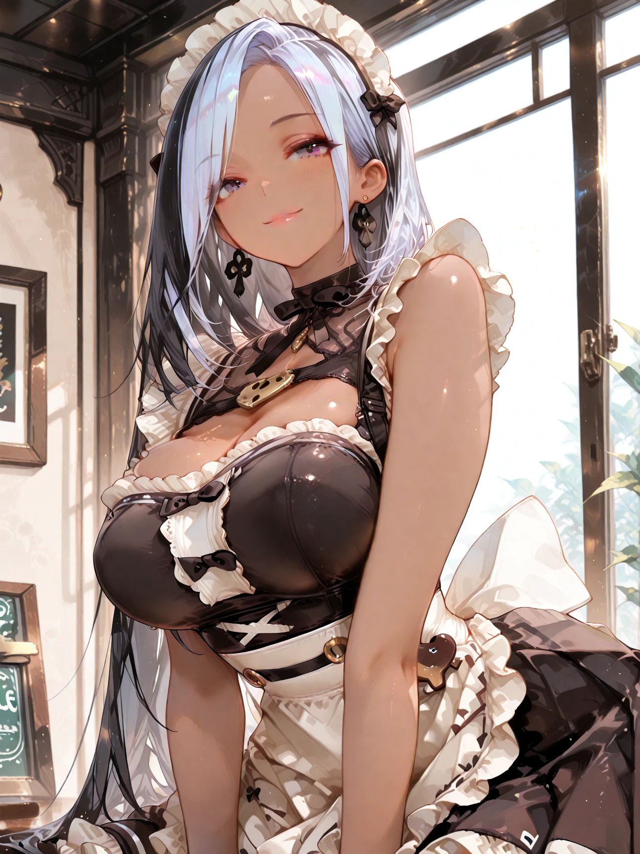 Ultra-high resolution, 8k,high quality,(((In 、Ribbon frilly ,garter belt,Cat ear,choker、maid))),(Oblique angle,Cunning Hand),(Young Girl、glowing、iridescent light,soft shadow,Anime Painting,thin line drawing),One Little Woman,(((Huge breasts,Shapely round breasts))),