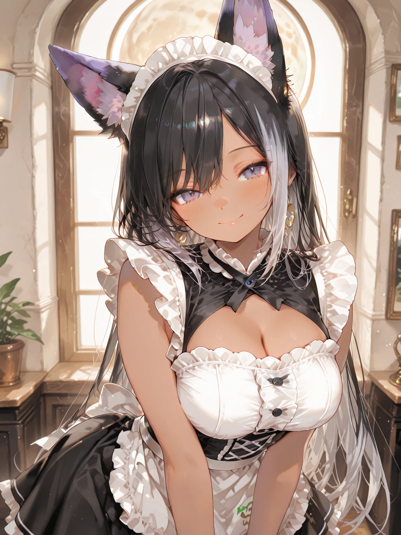 Busty Cat Maid、Open chest、Cleavage、Female about 20 years old、Black cat hair、Perfect body、clumsy person、scatterbrain、Garden
