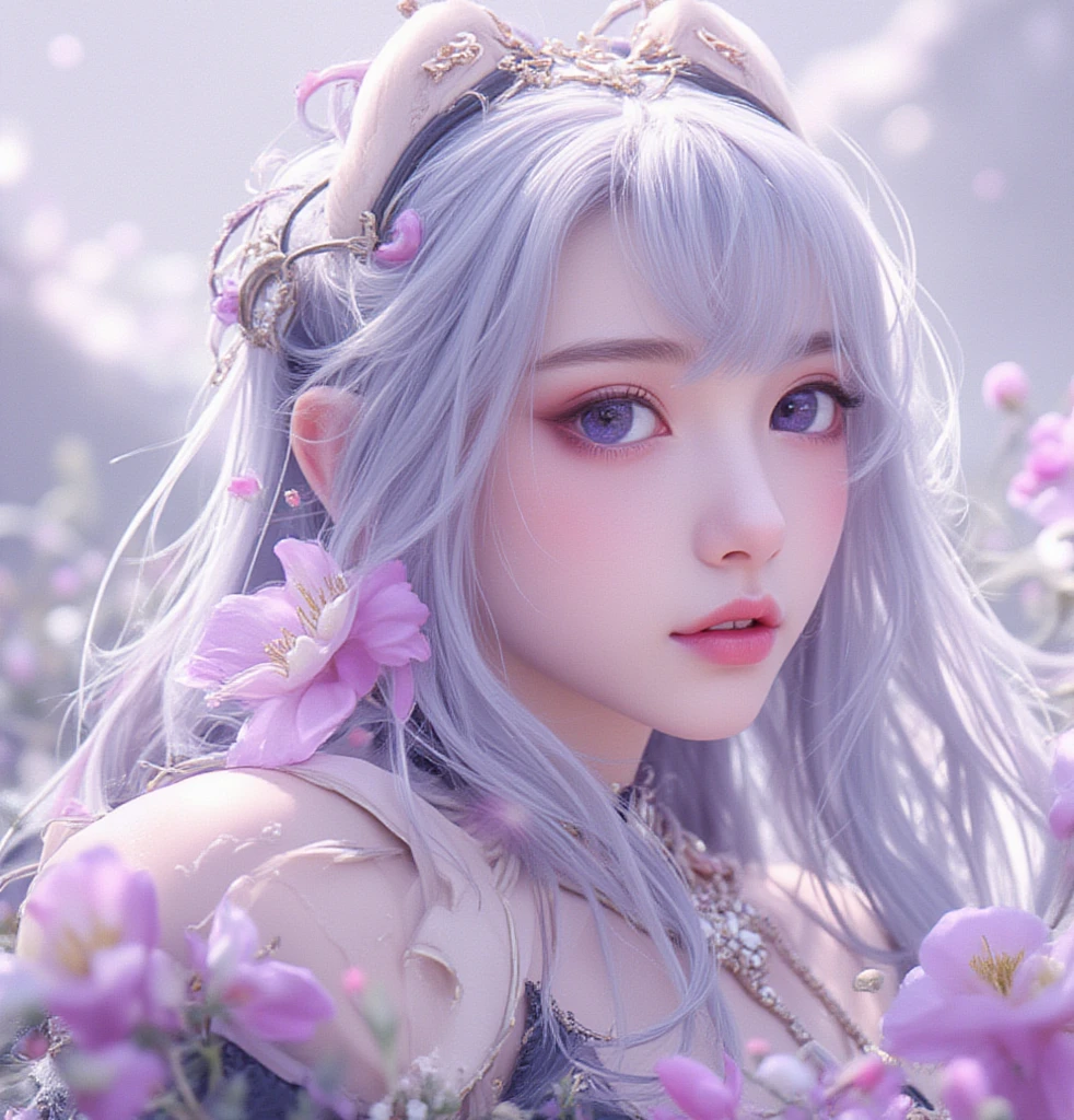 (masterpiece,highest quality,highest quality,Highest Resolution:1.2,16k raw photos:1.5,Hyperrealistic:1.5、Official Art,beautifully、aesthetic:1.2), (One girl:1.3),(Fractal Art:1.3)、brighten the eyes、Alluring,Random Pause、A fantastic background with blooming flowers,Fantasy、