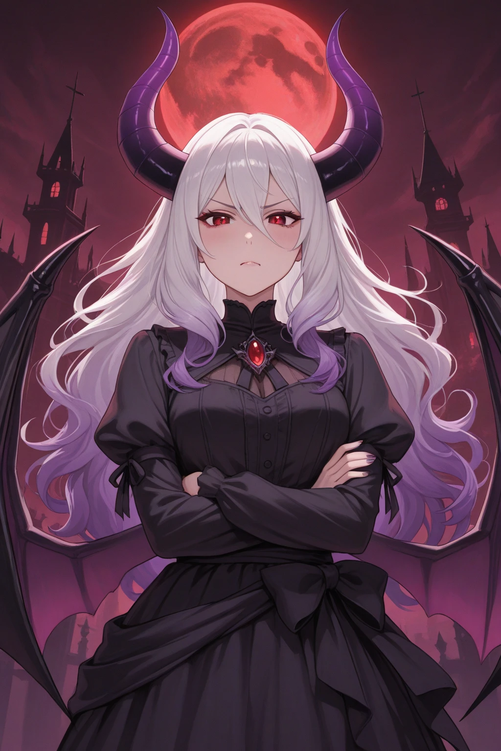 Masterpiece, 4k, high quality, 1 girl,white short hair with blue flame highlights , white horns, crying angry expression ,black patterned assassin's robe, grey gloves, great mage staff, elf ears, pale white eyes , in the a mystical forest, in front of the gates of hell , bleeding neck  , hole in chest dripping blood, tore garment, crown of blood on top of her head, making hand signs , twinkles around her , steam evaporating from her body, demons around her 