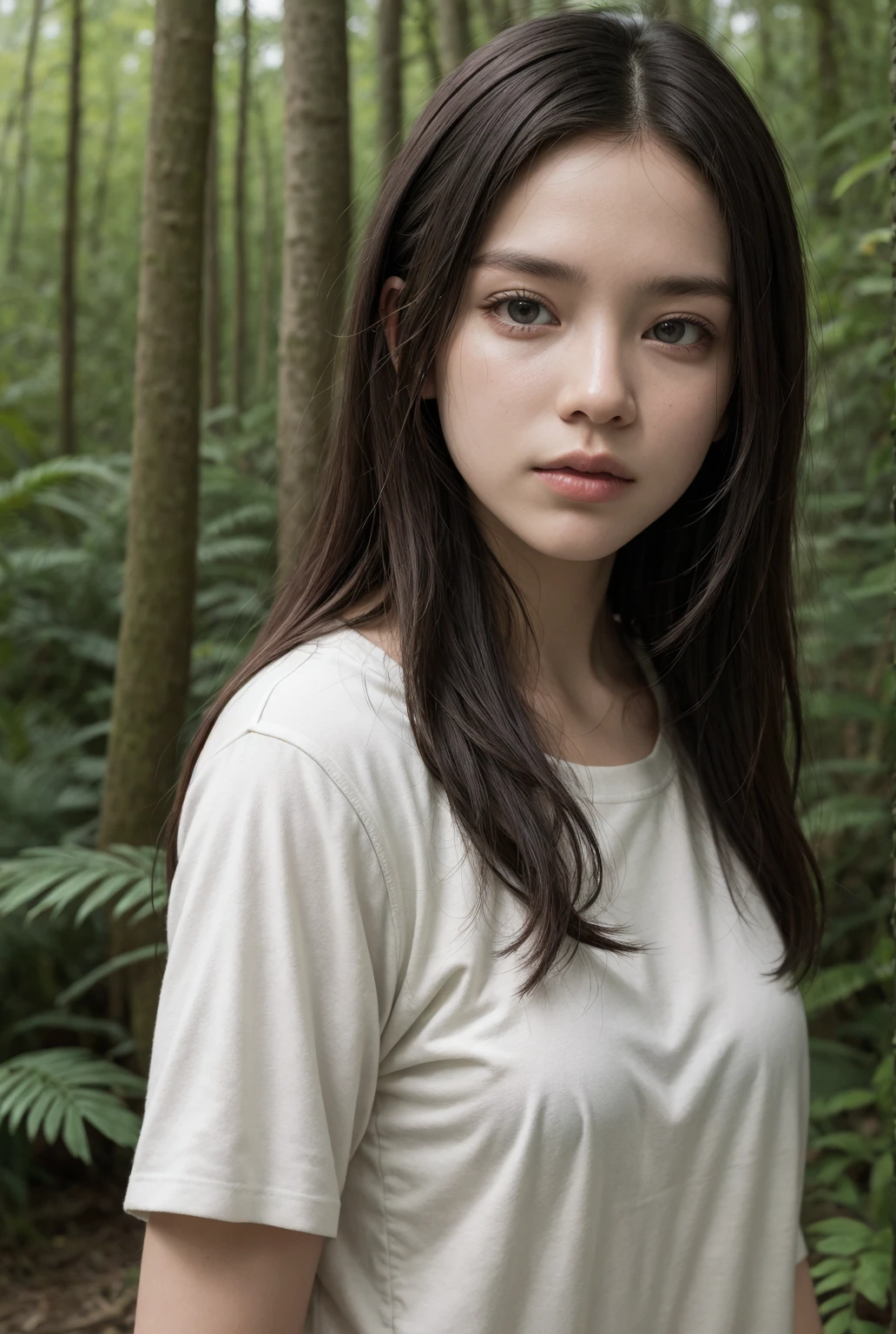 Brown-skinned woman, with vulgar clothes, black hair and honey eyes, at a forest
