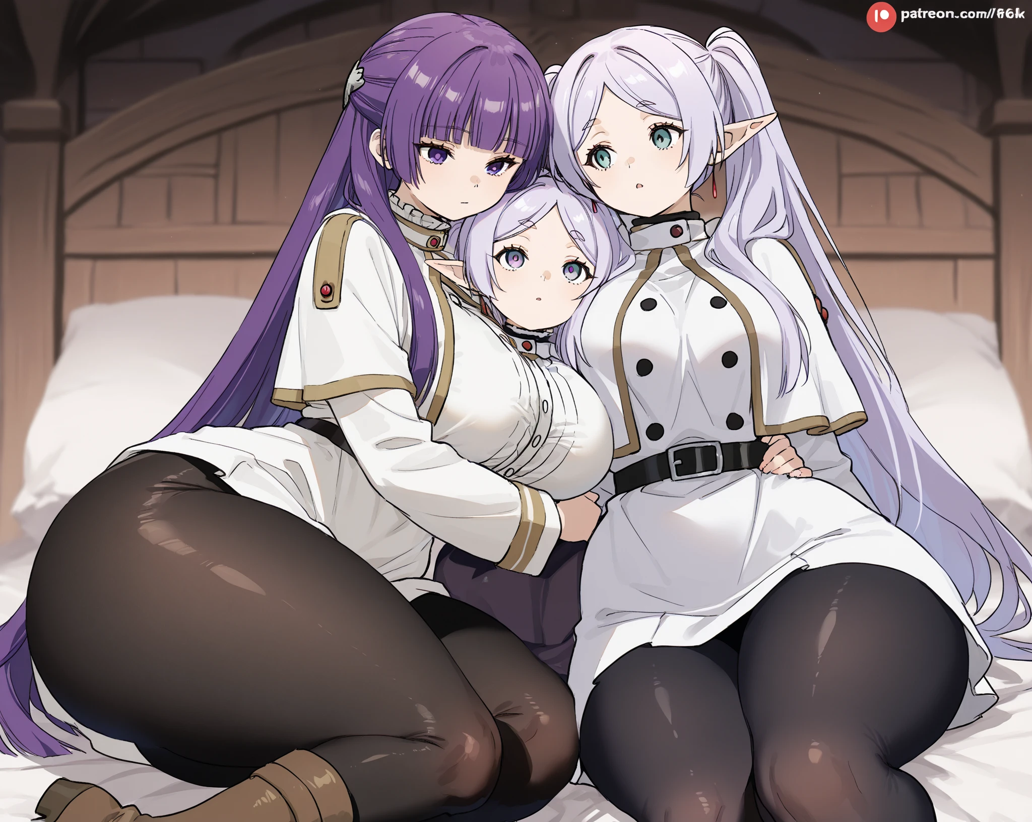 (((Solo)))、(((Big 、、)))、Mature Woman, Mom, Elf Woman, laying on bed, , Black lace-trimmed stockings and garter belt, Black lace trim , Black Lace Trim , Off-the-shoulder  straps, , Saggy , , Wide , Thick thighs, Huge , A little blush, Gentle expression, A kind smile, Blonde, Green Eyes, bed, dakimakura, Soft lighting, masterpiece, 8K