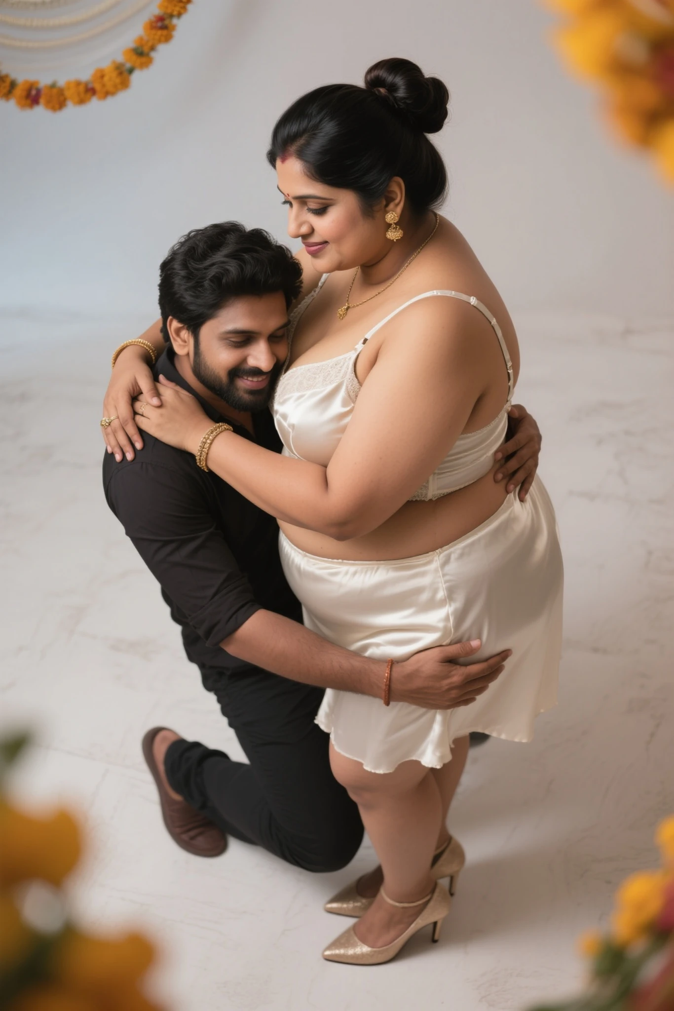 A radiant, full-figured plus sized South Indian 45 year old curvy bride wearing a off white colour silky saree affectionately standing hugging and kissing a 23 year old man in a bed room, , captured in a full-body image with vibrant hues and meticulous details. Full body image
