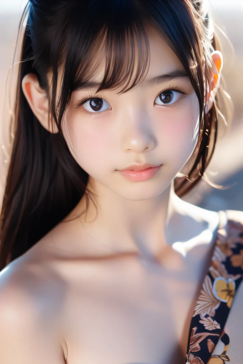 (Beautiful 18 year old Japanese woman), cute face, (deeply carved face:0.7), (freckles:0.6), soft light,healthy white skin, shy, (serious face), thin, smile, uniform, ponytail