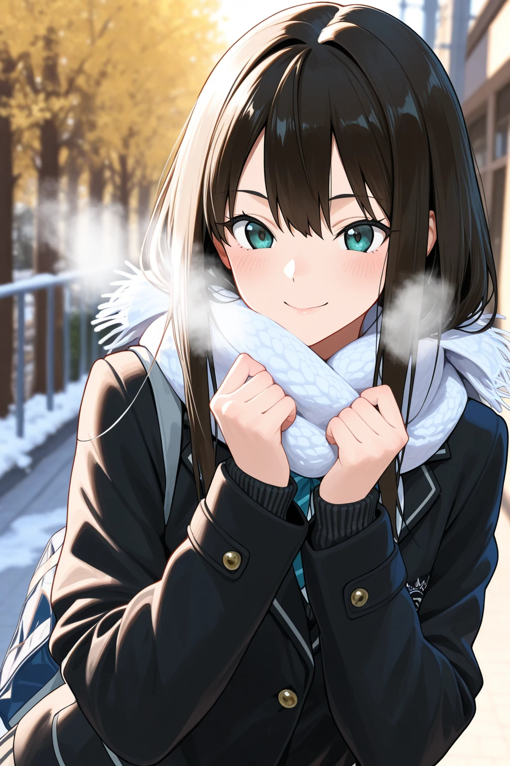 anime、beautiful girl、brown hair、black eyes shine、garden、snow、Black down jacket、knit hat、beautiful 、exceptional smile