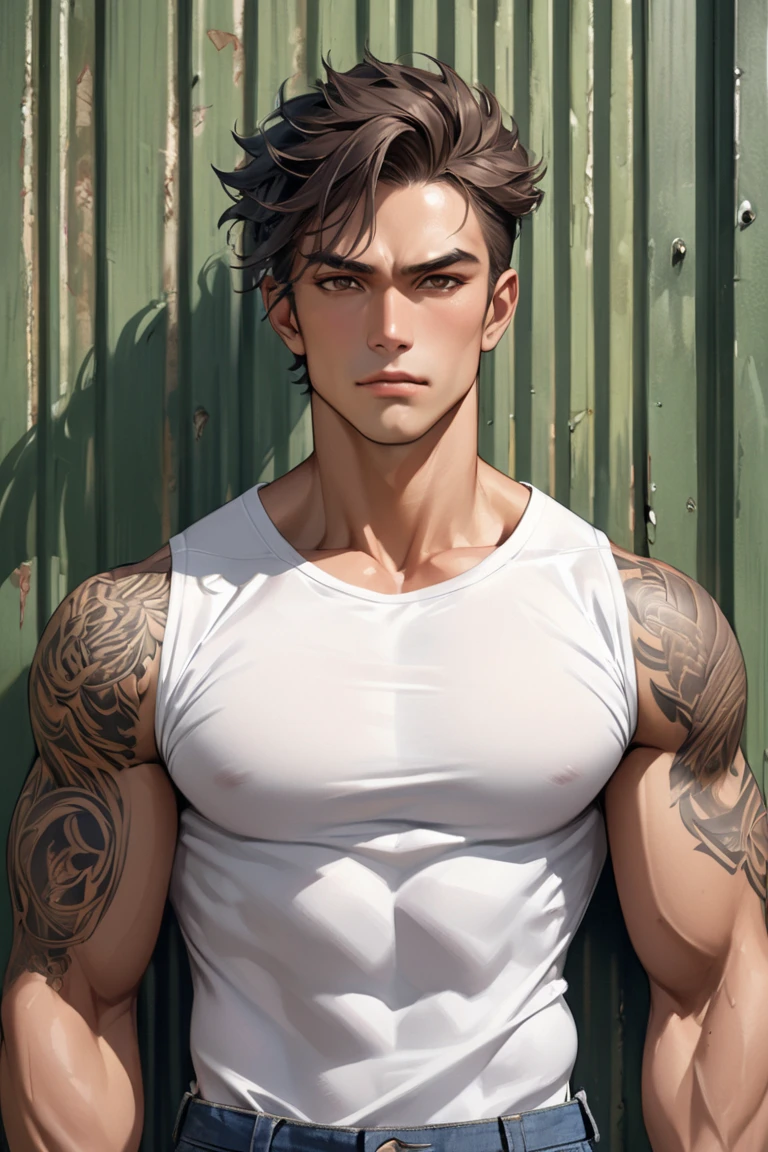 a 26 year old boy,pivalora,pivalora face,serious expression,black sleeveless shirt,black pants,black hair,levitating in blue sky,clouds,(best quality,4k,8k,highres,masterpiece:1.2),ultra-detailed,(realistic,photorealistic,photo-realistic:1.37),detailed face,extremely detailed eyes and face,cinematic lighting,dramatic atmosphere,vibrant colors,surreal,fantasy