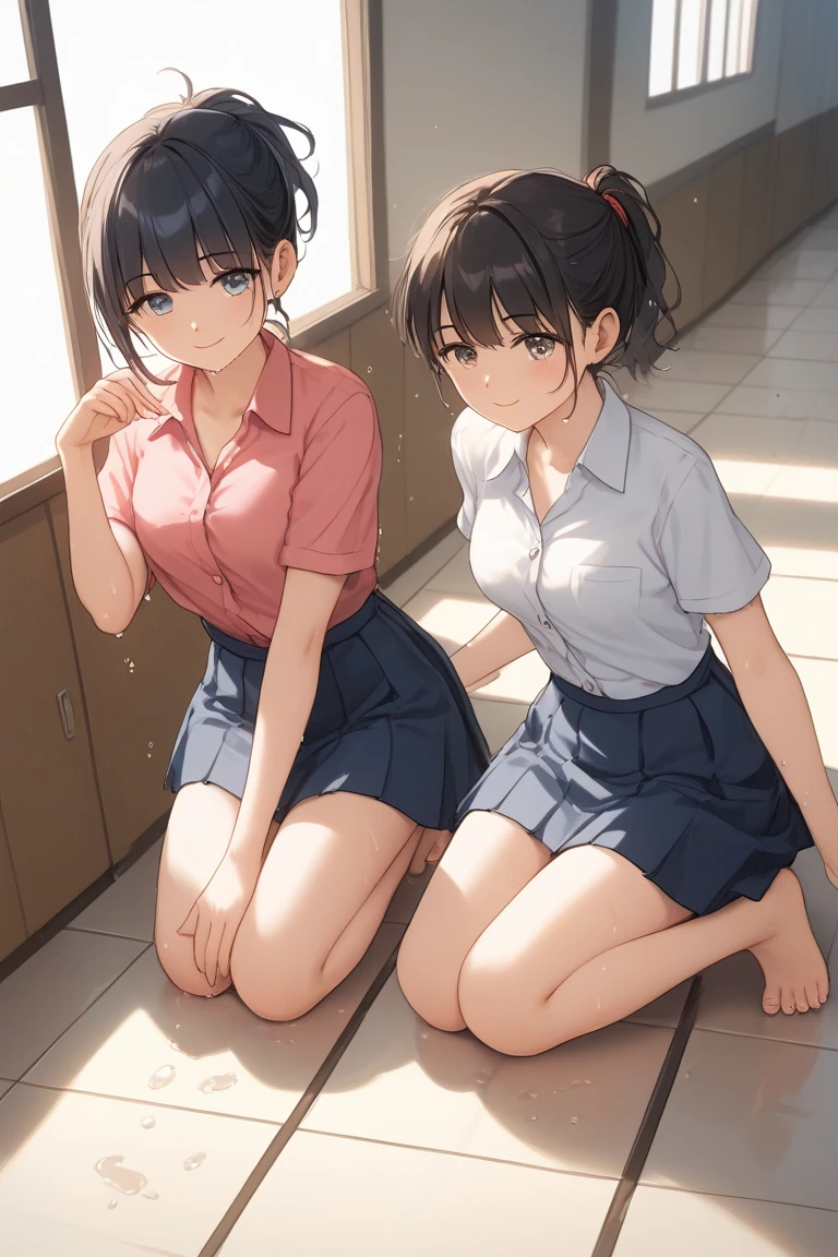 (((masterpiece, Highest quality, High resolution, 超High resolution, Pixel perfect, Written boundary depth, 4K, RTTX10.0, High resolution))), Beautiful Anime Women, Beautiful art style, Anime characters, ((Long Hair, bangs, Dark brown hair, ponytail)), ((Smooth texture, Realistic texture, Anime CG Style)), Perfect body, (Slender body:1.2), Exact finger count、Exact number of legs、(Exact number of arms:1.0, Exact number of hands:1.0), (Three women standing side by side, Lean your torso against the table to expose your buttocks., Angle from above the back:1.3), (Fashionable white shirt, Sailor collar, Knee-high socks, loafers, Pleated :1.3), Realistic, Highest quality, High resolution, Perfect lighting, Highly detailed CG, (Perfect hands, Perfect ), (School classroom:1.3), Daytime lighting, whole body, ((Stylish shiny satin , side-tie white , Black lace trim :1.3)), (Beautiful and thin thighs、Beautiful little ass:1.3), in 