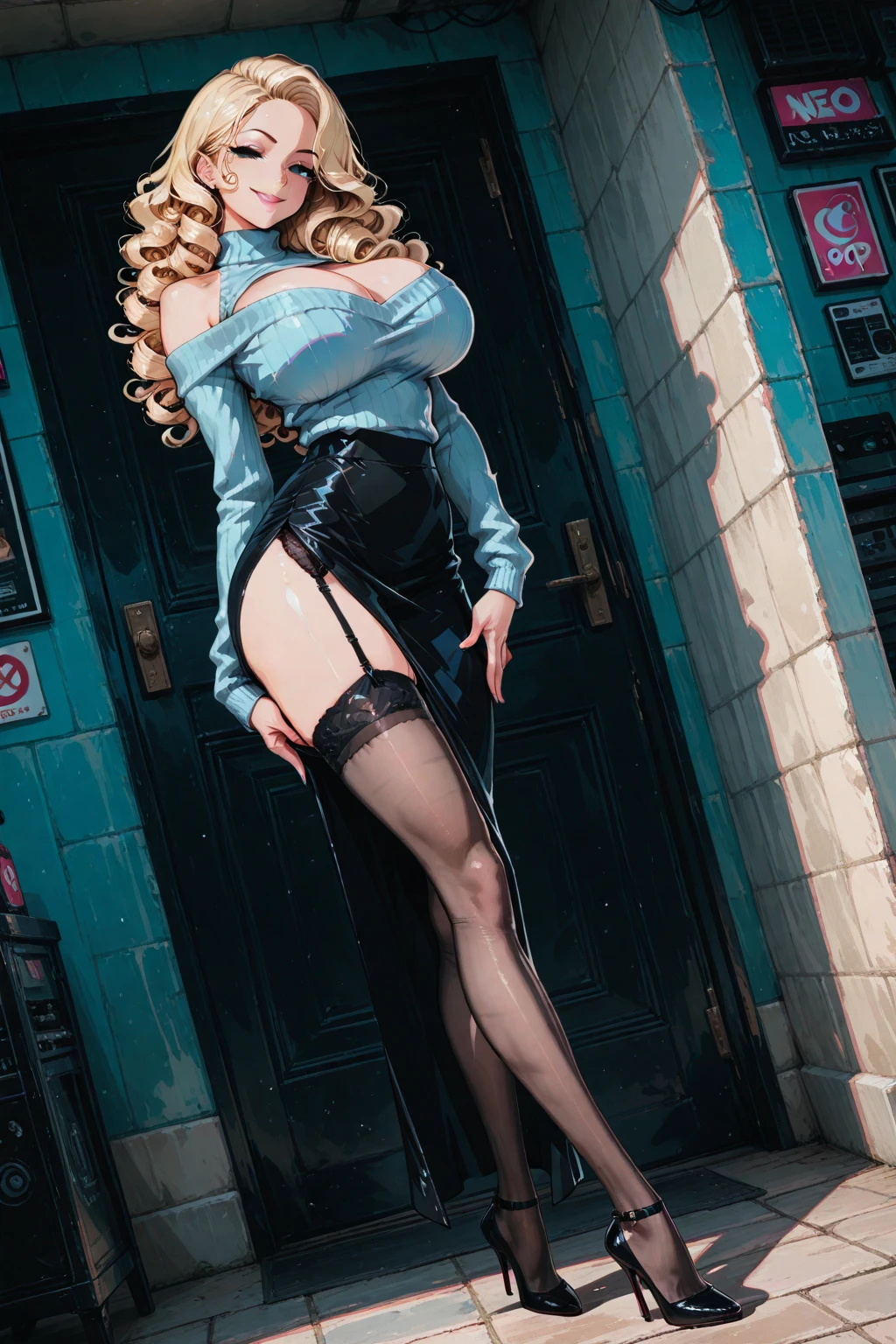 (((Blonde stunning hair))), (blue eyes), blue necklace, Golden earrings, Fit, Gorgeous Body, gorgeous, brown eyebrows, (two moles over lip), big pupils, (23 years old), 1girl,solo, complex skin, warm light, (?????????????), wide thighs, round ????, 5 fingers, ((blushing)), ((detailed face, best quality)), ((masterpiece)), ((ultra-detailed)), (beautiful detailed eyes), red lip, eyeshadow, beautiful face, long hair, very detailed eyes, intricate details in eyes, perfect lips, good lighting, cleavage, ((smug face)), ???? short dress, ((showing off cleavage)), (standing in crowded shopping area, black high heels, high heels focused, smirk:1.4), (full body , from below, pov:1.5)