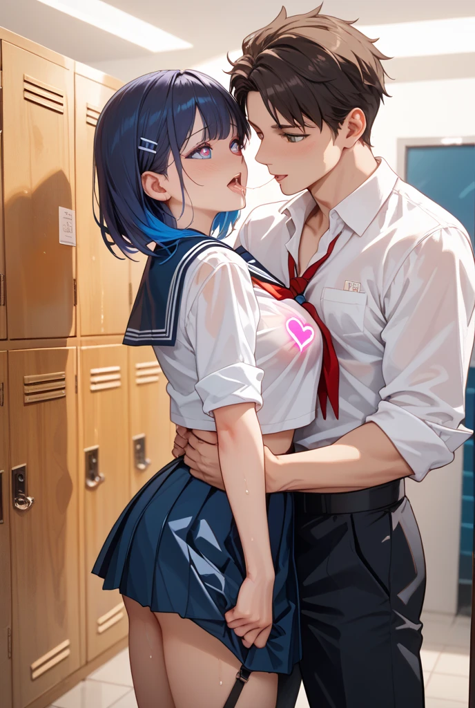 A boy and a girl have  at school with the girl  her clothes.