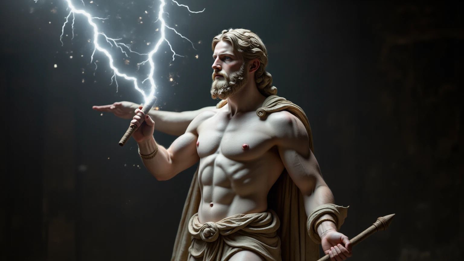 (extremamente detalhado CG unidade 8k papel de parede, best quality, master part, um extremamente delicado e bonito), Jardim grego, white marble statue, Zeus, golden lightning, thunderous sky, raios solares,Vinhas verdes, flores vermelhas, blue sky background, grandioso, majestoso.