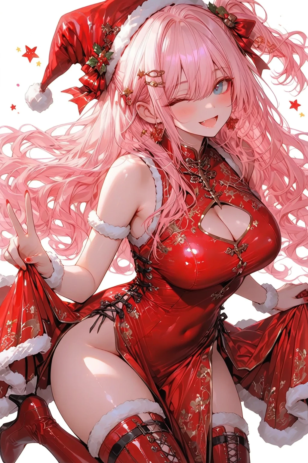 A pink haired woman with violet eyes with an hourglass figure is wearing santa lingerie