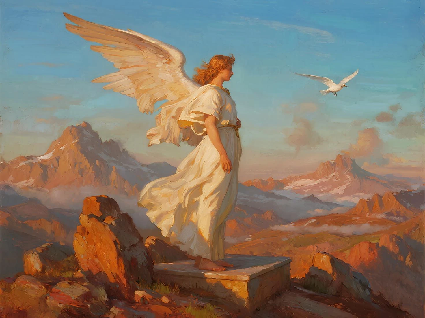 真实感, dark fantasy style, John Tolkien style, Small painting by Jean-Baptiste Monge, portraite of a, looks from the front, Soft  features,  A black-haired angel girl stands in the center of a lavender field..,  wings clearly in the center of the back ,Human Hand, Very clear without flaws with five fingers   ,Bright make-up, Average height, dark pink lips, thin lip shape ,"Cool eyebrows in the shape of Angryburts, dark brown eyes, green colored eyes, drooping eye shape, drooping corner of the eye, looking at away,  black  hair, hair braided in a long thick tight braid,  classic braid, hairstyle with classic braid, duck nose shape slightly snub,  in the hands of the sword of the heavenly warrior,in the form of a Valkyrie,  Carol Buck style, behind his back are huge open angel wings, Sword in hand,Slightly , Priestesses, dressed in white and gold clothes, holy golden armor, Celestial Queen, stands in the center of a lavender field, Jean-Baptiste Monge, anthropomorphic --ar 2:3 --testp -optimistic;