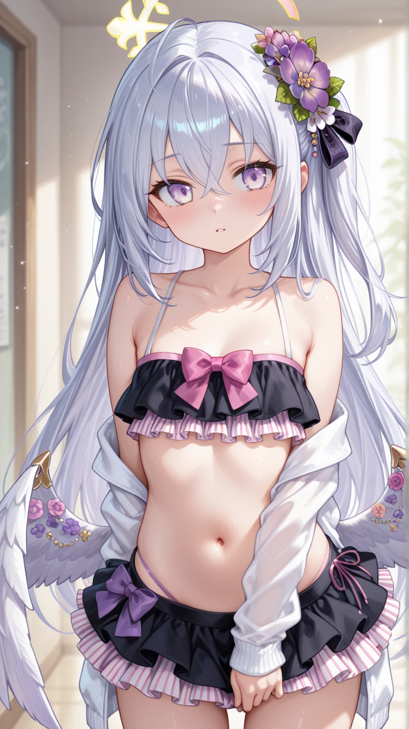 Emilia Re:Zero, white hair, white crown braid, purple ribbons in hair, white flower in hair, white lingerie, x hair ornament, purple eyes, long hair, ??????????????, fox ears, fox girl, 1girl, solo, 

(masterpiece:1.1), (best quality:1.1), (ultra-detailed:1.1), (illustration:1.1), ??????????????, one piece lingerie, bra, panties, ?????????, lacy white lingerie, cleavage cutout, midriff, looking at viewer, cowboy shot, blushing