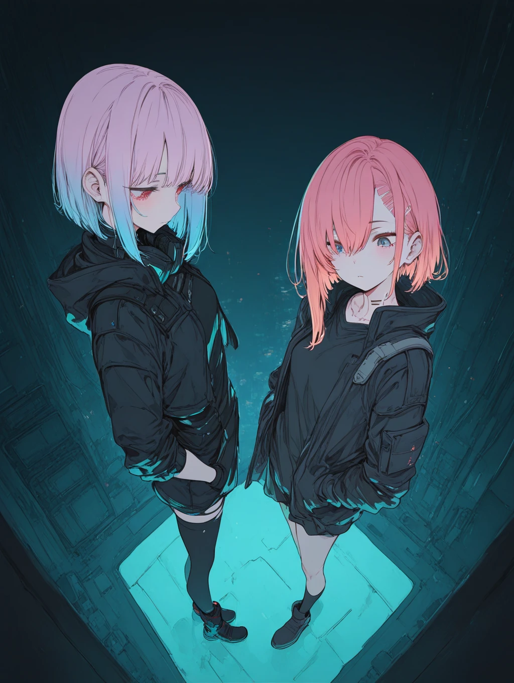 Cyberpunk anime girl with white hair and a hoodie holding hands with anime girl with pink hair and a hoodie
