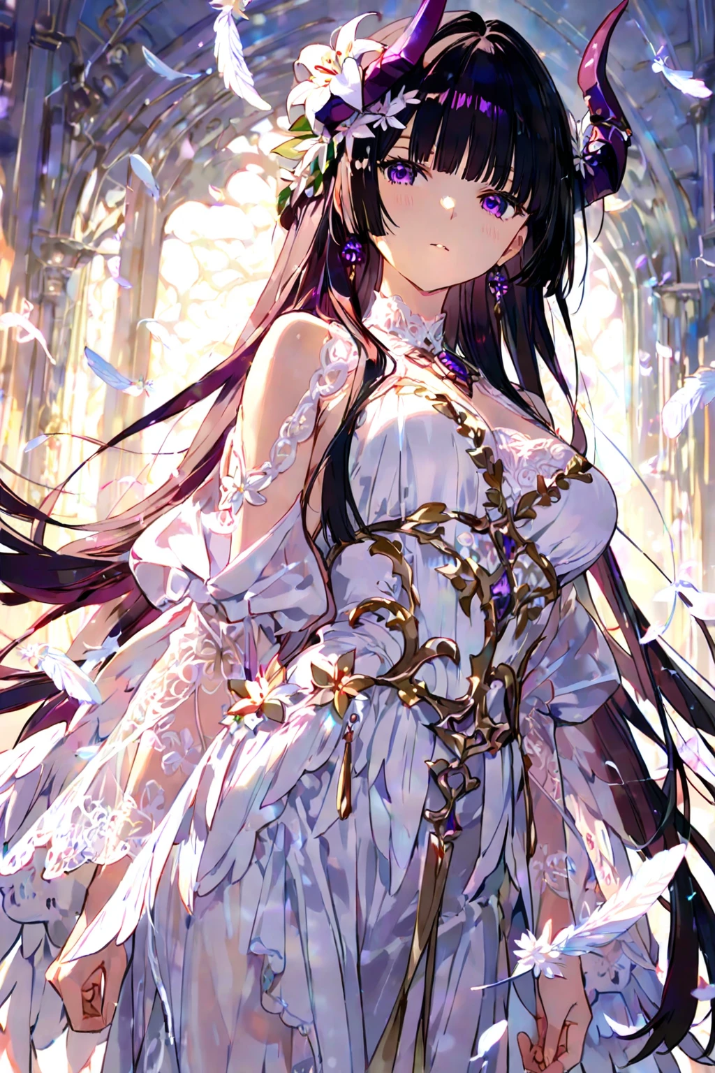 ((anime artstyle)),(Masterpiece), (Best Quality), (Super Detail), Illustration, (((Very Delicate and Beautiful))),Dynamic Angle,Looking at viewer,((((Solo)))),(((Full body))),(((1 arrogant empress in See-through white wedding dress having a wedding ceremony in a royal palace))),(standing),(((embarrassed))),anguish,Purple eyes,(Sharp eyes),Detailed Face, Long Eyelashes,Jet Black Hair,Straight Hair,((Very Long Hair)),Bangs between eyes,((((gigantic breasts)))),cleavage,((skindentation)),curvy,off shoulder,See-through,(((fusion of See-through white wedding dress and white rococo ball gown))),(fluffy See-through rococo white wedding ball gown with gorgeous embroidery),(((hoop skirt))),long skirt,corset,crinoline,long bridal veil,ultra long gloves,Beautifully Gorgeous jeweled big tiara,Beautifully Gorgeous gem earrings,Beautifully Gorgeous jeweled necklace,Beautifully Gorgeous jeweled ornaments,indoor,white lily flowers, flower petals flowing,Stained glass,light particles,Sacred Light