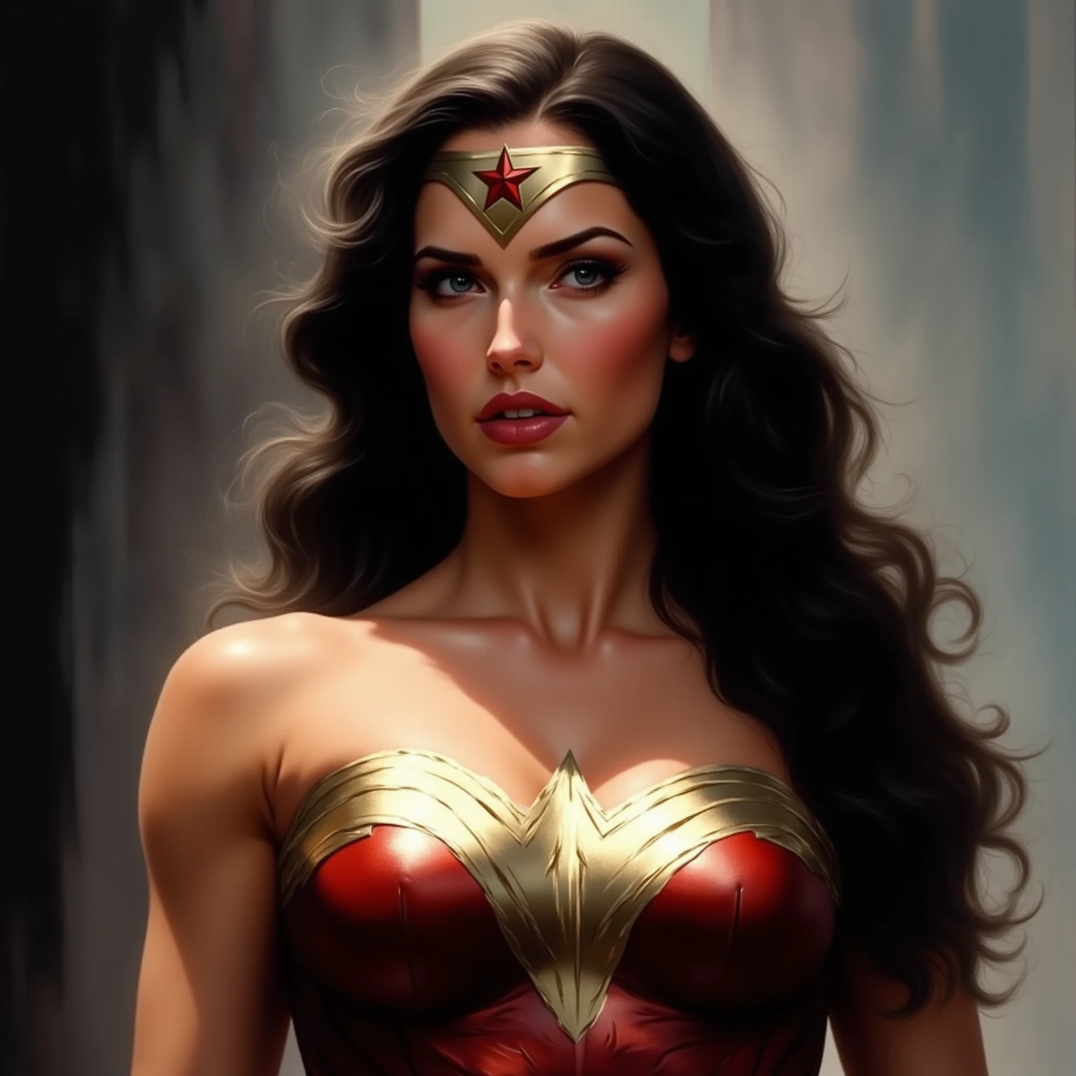 Art image of Gal Gadot as Wonder Woman, busty, beautiful, black hair, large breasts, ancient Athens background, by Louis Royo, Boris Vallejo, Frank Frazetta, extreme focus, sharp details, sexy