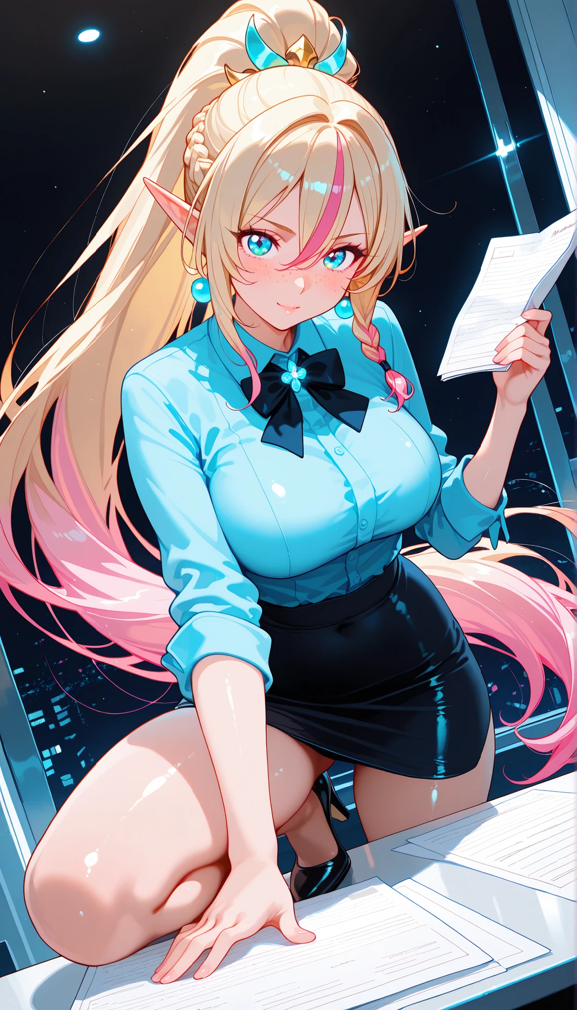 Highest quality,masterpiece,masterpiece portrait,Upper Body,　Blonde、Blue Eyes、Pink lips、、White shirt、Black Ribbon、Sexy atmosphere、cartoonist、(((Slightly )))、Wearing a beret、Posing and smiling with glasses、Anime Style、Beauty、Her background is monochrome black、(((Front view)))、Looking up,oil