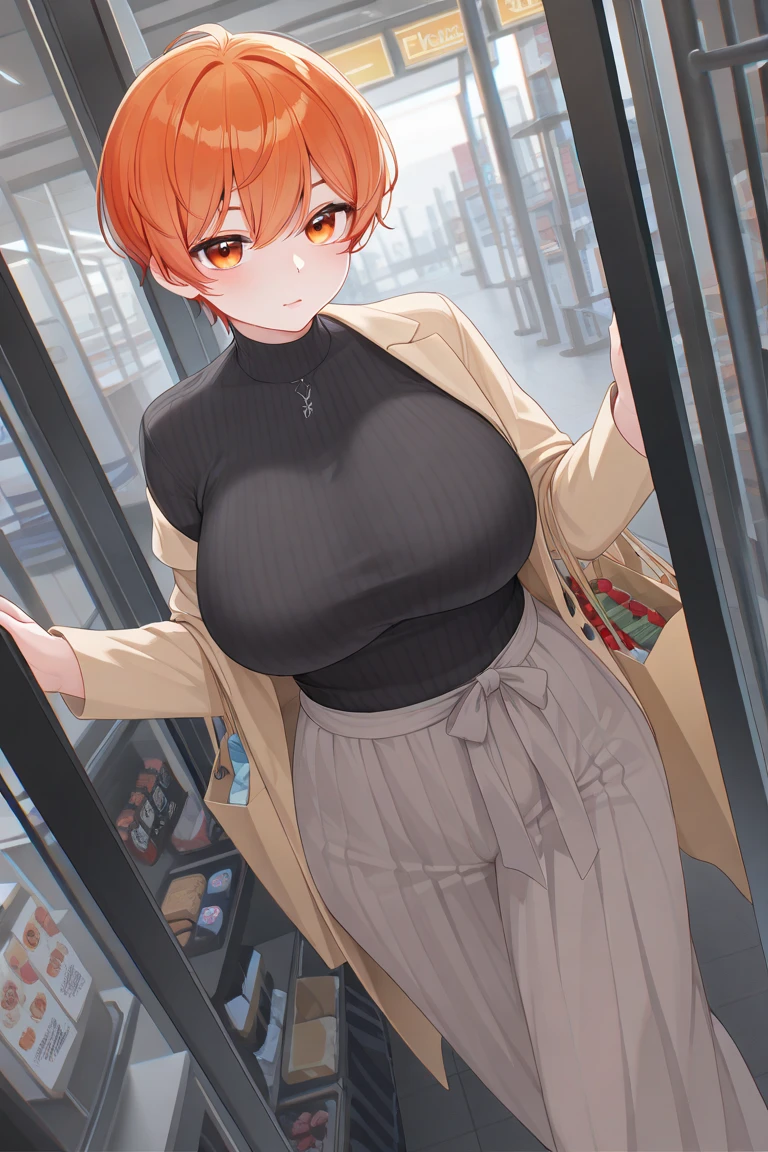 a beautiful young woman with brown hair and bangs, wearing a grey cardigan and socks, with a slim figure and flat chest, posing seductively against a heart-patterned background, highly detailed, photorealistic, 8k, masterpiece,(),(,),(,),