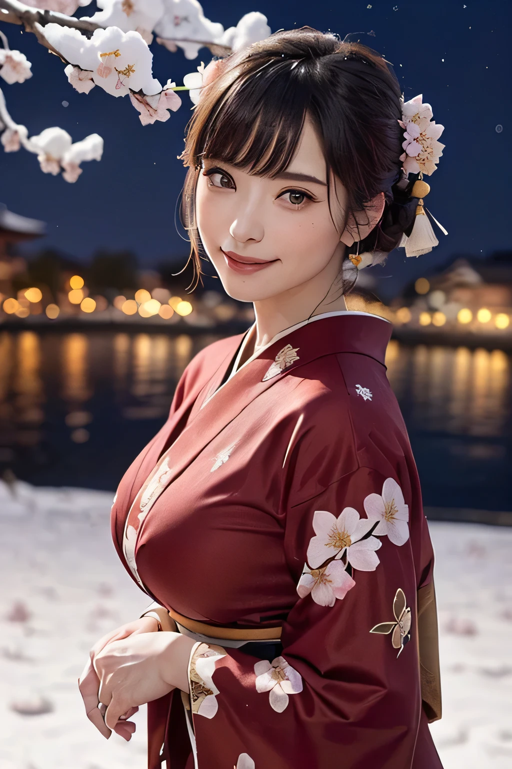 (high angle,from above,cleavage),♥(Japanese beautiful flower printed kimono,yukata),((1girl,cute,young,semi long beautiful black hair,blunt bangs,twin tales,beautiful eyes)),(solo),((masterpiece, highest resolution,best quality)), (beautiful illustration),(Japanese beautiful flower printed kimono,yukata),
 (looking at the viewer), innocent smile,cinematic lighting,Japanese Festival,stall,fireworks,night sky,full moon,shooting star,