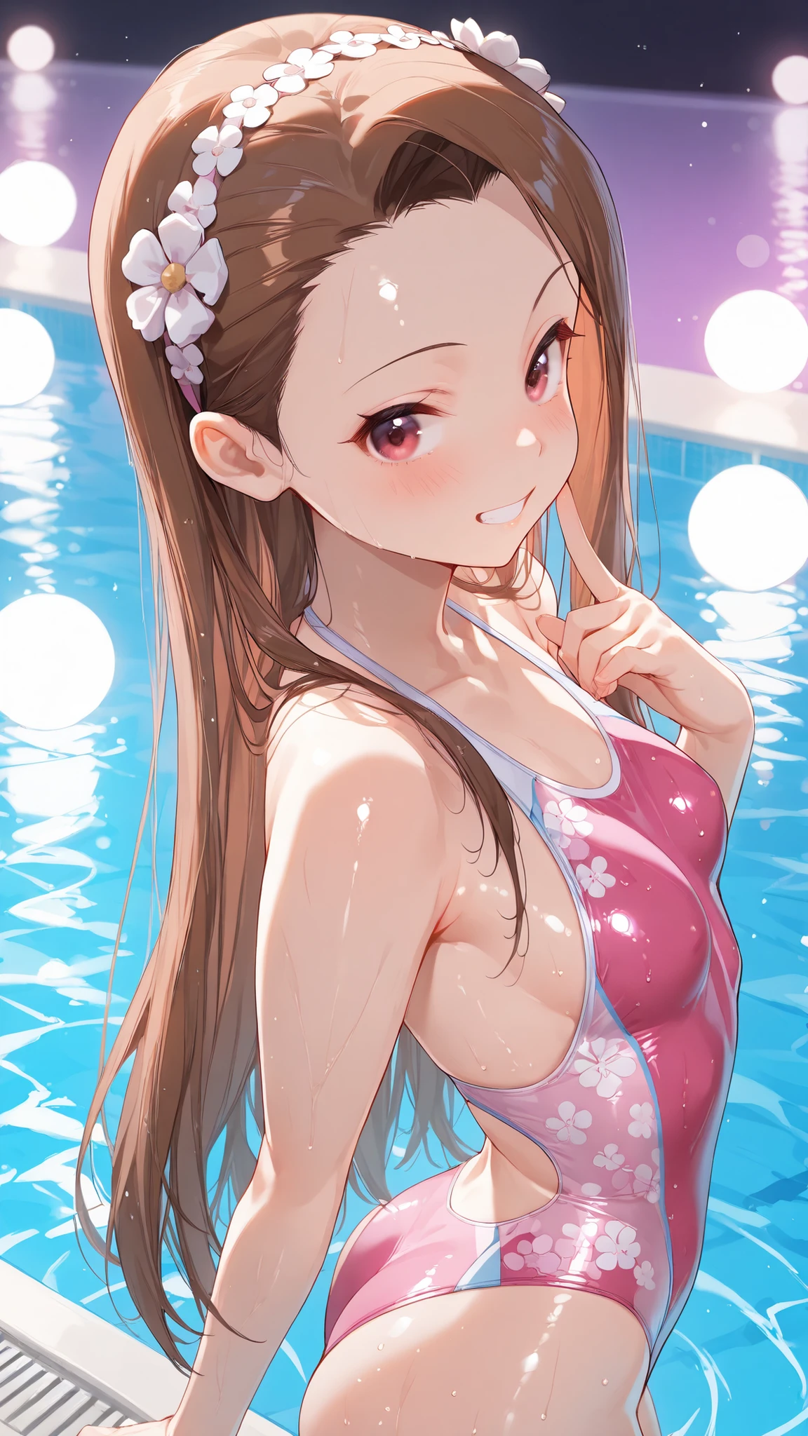 sakura bakushin o \(umamusme\)、Close-up of the ???? looking up from below、Get wet all over 1.5.Realistic、squat ???? emphasis、13 year old girl、wearing a pink swimsuit，smile，cleavage emphasis，face reality，lips are a little red，cheeks are a little red，????，pool
