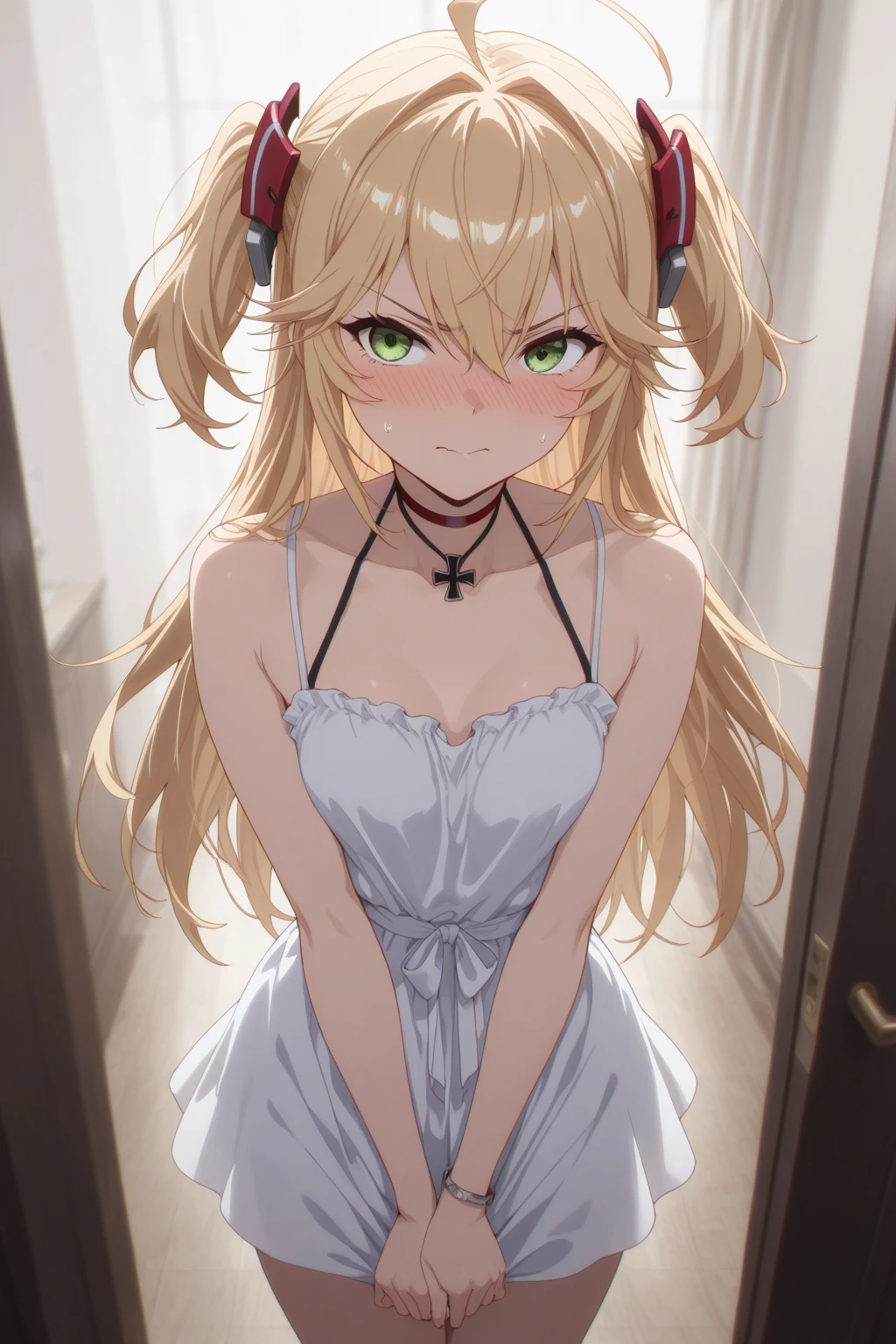 ((masterpiece,best quality,ultra detailed)),painterly,night,(pov across table),(arm support),(arm rest),by the window,1girl,blonde hair, long hair,distracted,sitting,collared shirt,cafe,looking away,neon lights,streetspace, pink eyes, star shaped eyes, star pupils, star shaped left eye