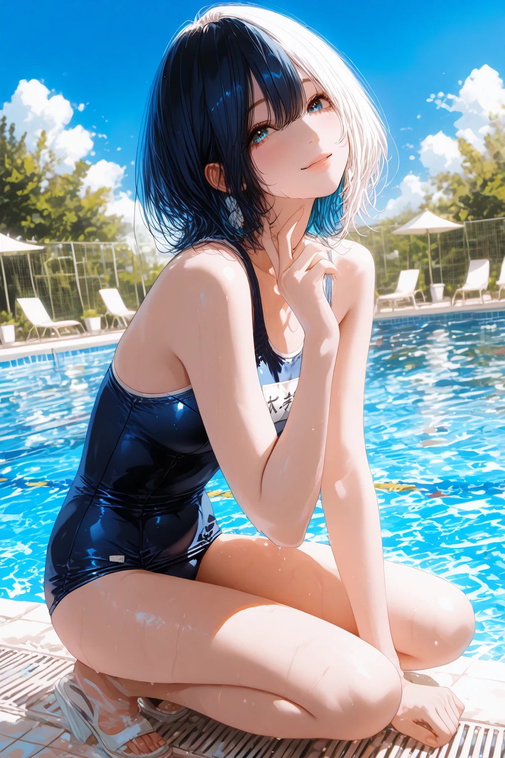 Absurd, Super detailedな,(In 8K:1.3),Masseter muscle area,(masterpiece:1.2)、(Highest quality)、4K、Super detailed、(Movement Structure:1.4)、(Shining Lights）, High resolution, Best Quality、(One girl:1.4),Super detailedな,Bright colors、Treebreak Production Art,High-level image quality、Fine image quality、Intricate details,Volumetric Lighting,Realism BREAK、Profile、 Idol face、15 years old、Very beautiful face and eyes, Beautiful images、 natural make up、puffy eyes、catchlight eyes、deep detailed eyes、 (Big ????)、(glossy skin :1.5), (Light blue hair,short hair、blunt bangs:1.2)、 (???????????)、 (A school swimsuit with a vivid texture:1.3)、(?????? bag)、 (School poolside),(Baby Face:1.2)、squatting、(shoot ???????????:1.2)、nice ????