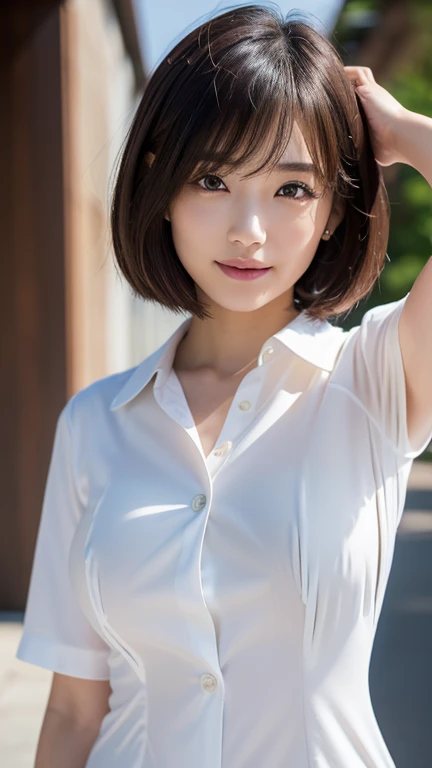 (masterpiece:1.3), (8K, Realistic, RAW Photos, Highest quality: 1.4), Japanese, (One girl), Beautiful Face, (Realistic Face), (Black Hair, short hair:1.3), Beautiful hairstyle, Realistic eyes, Beautiful attention to detail, (Realistic Skin), Beautiful Skin, Charm, Ultra-high resolution, Ultra-realistic, Very detailed, Golden Ratio, (Detailed face:1.2),View your viewers,smile,Open white shirt,Medium ,Are standing,smile、