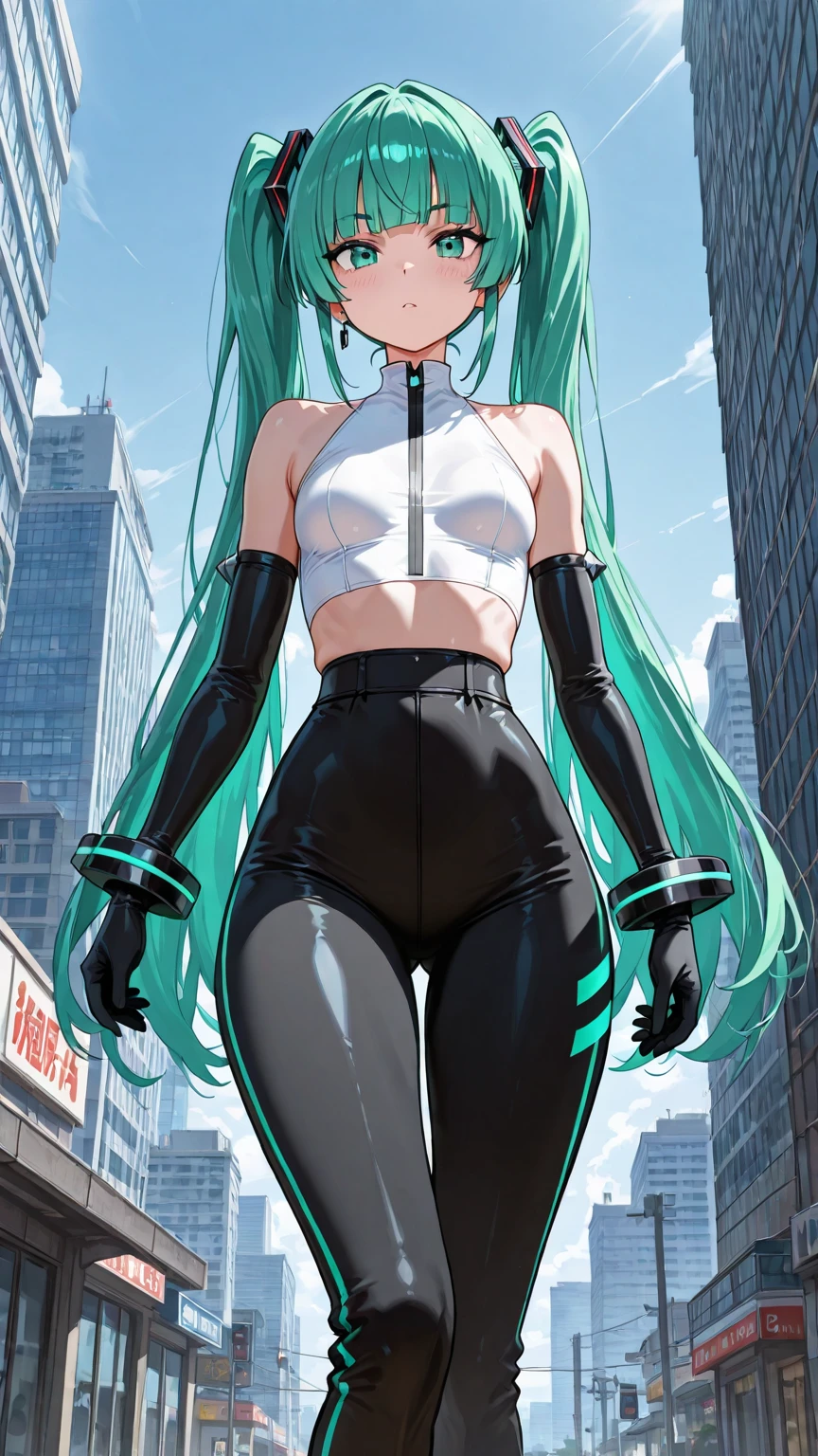 Cute pose, (masterpiece, highest quality), Backlight, Lens flare, Wide Shot, Fisheye Lens , (Face Focus, Depth of written boundary, close: 1.5), Super Detail, figure, colorful, (Fault Color: 1.3), (Immidshot: 1.3), video, Wide-angle, Upper Body, (((One girl))), miku hatsune, Spotless, Dark green hair, Twin tails, Very long hair, Put your arms behind your back, blue eyes, Glowing Eyes, Relaxed face, Eyebrow hair, Shiny Hair, Glowing Skin, A light smile, racing Miku, (Big Breasts), Black , Cropped jacket, White jacket, Long sleeve, Two-tone gloves, Thigh-high boots, bright, Beautiful detailed sky, city, street,