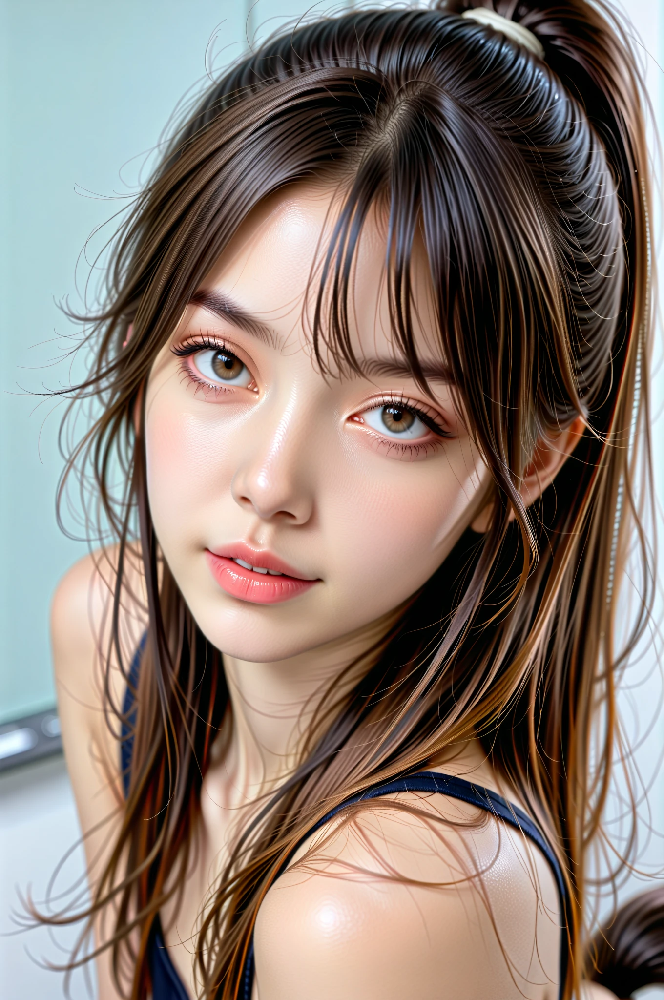 masterpiece, best quality, ultra-detailed, best shadow, beautiful detailed face, beautiful detailed eyes, High contrast,, 1girl, , (flat ),  bangs, hair over one eye, black   shoulders,, white background:1.3,  (face focus:1.3, eye close-up:1.3), ((:1.3)), ,