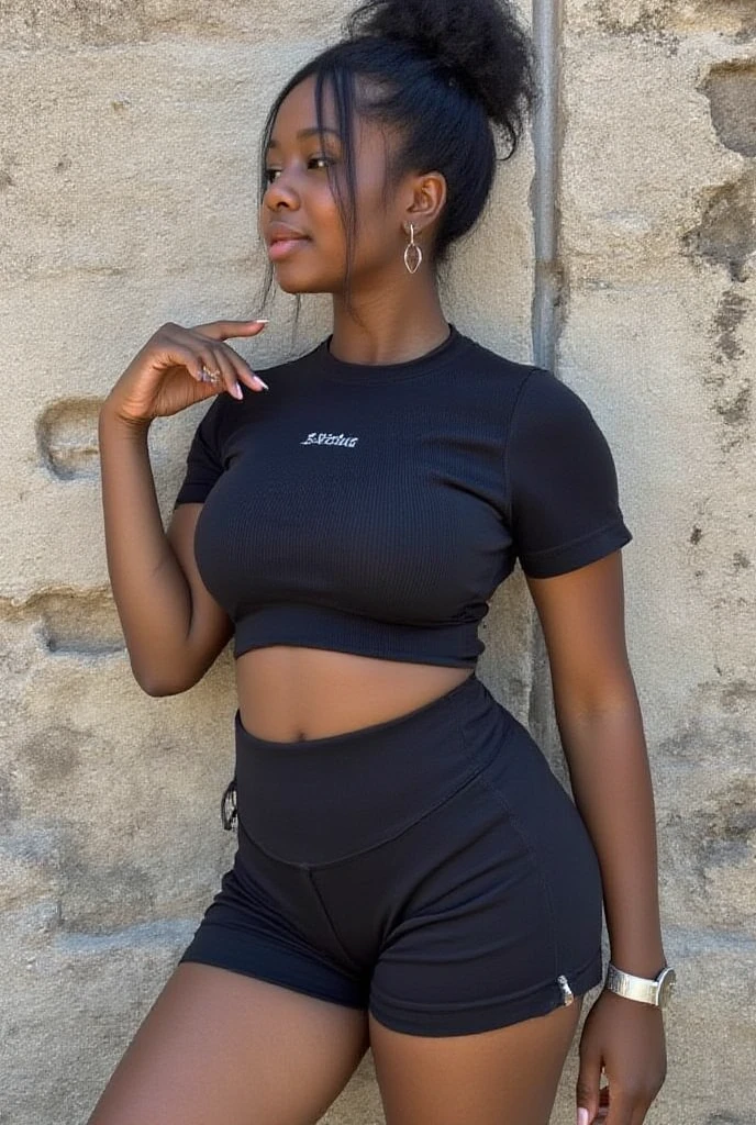 40 ans, magnifique jolie fille beninoise, sourire , Rousseur, (dark skinned:1.6), un gros plan d'une femme en jeans noir posant pour une photo, , revealing clothes, look ????, tight attire, porter un cropped top ????, revealing outfit, Tenue intrigante, tight attire, porter un joli haut, Instagram template, Style ????, Wear tight clothing, Curved model, 38 ans, haut noir, ???? look at the camera, Celebrate beautiful model, bonne jeune fille, (Masterpiece:1.0),(meilleur_quality:1.0), ultra highres,4K,Ultra-detailed, photographie, 8k, Hdr, high resolucion, absurdes:1.2, Kodak Portra 400, blured background, Bokeh, Lens Flare, (Dynamique_Couleur:1.2),Photographie professionnelle, (le_tatouage:1.4), (beau_visage:1.5),(narrow_taille).